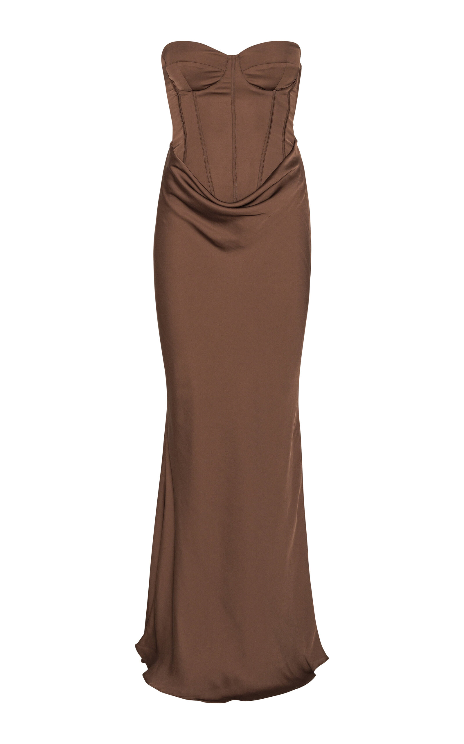 Rotate Birger Christensen Strapless Satin Corset Maxi Dress In Brown