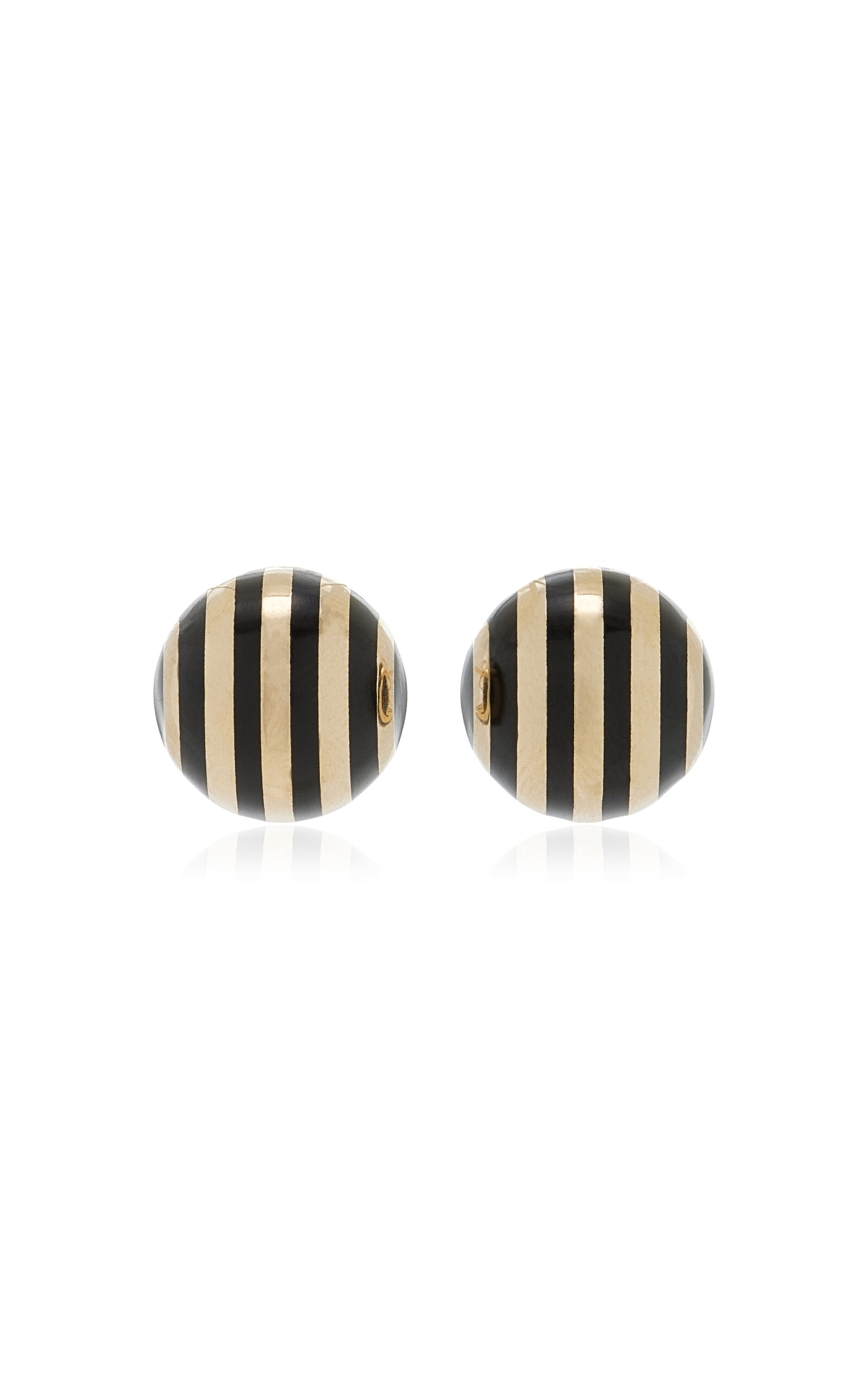 Striped Ball Button14K Yellow Gold Black Enamel Earrings