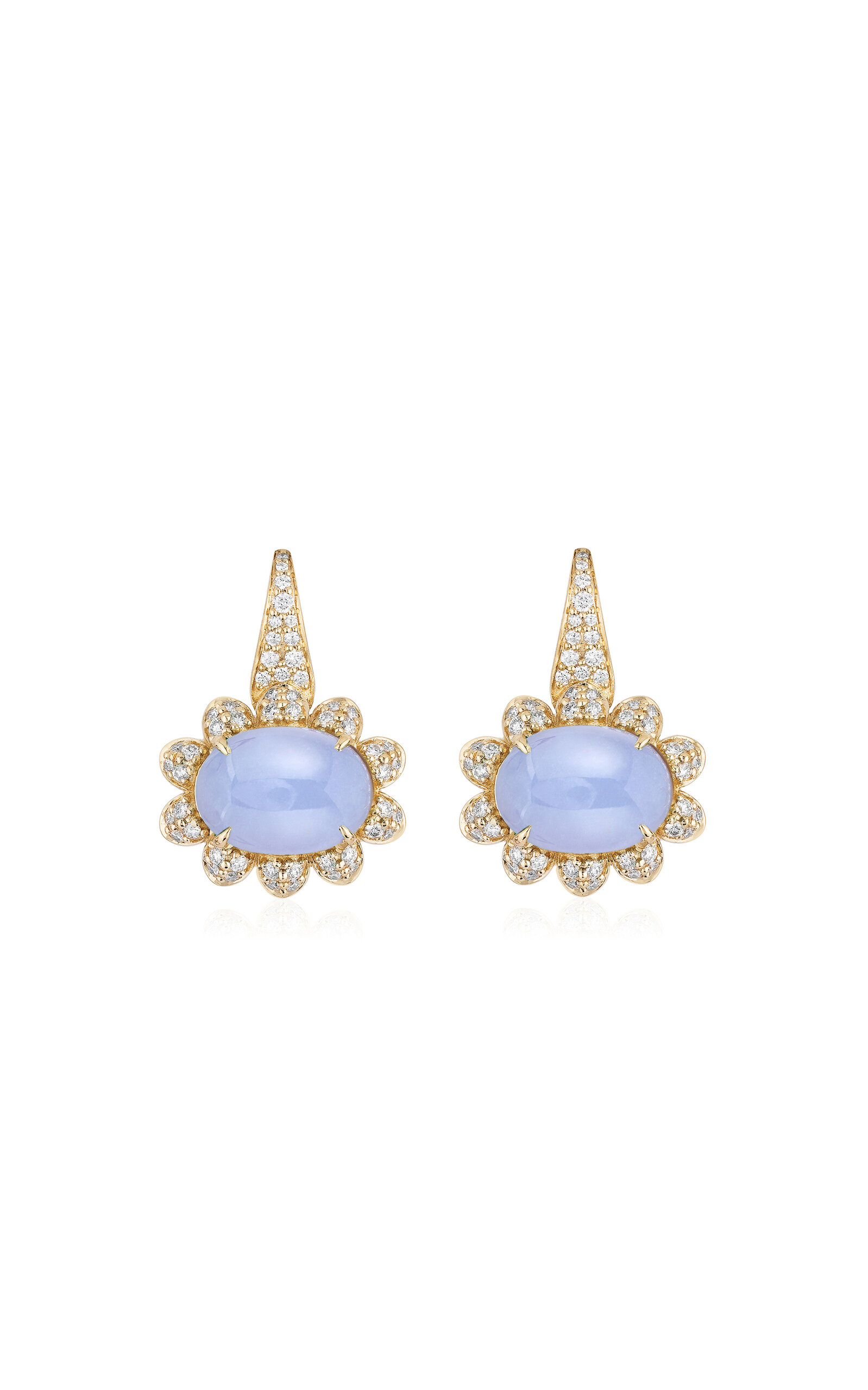 18K Yellow Gold; Diamond Chalcedony Oval Cabochon Earrings