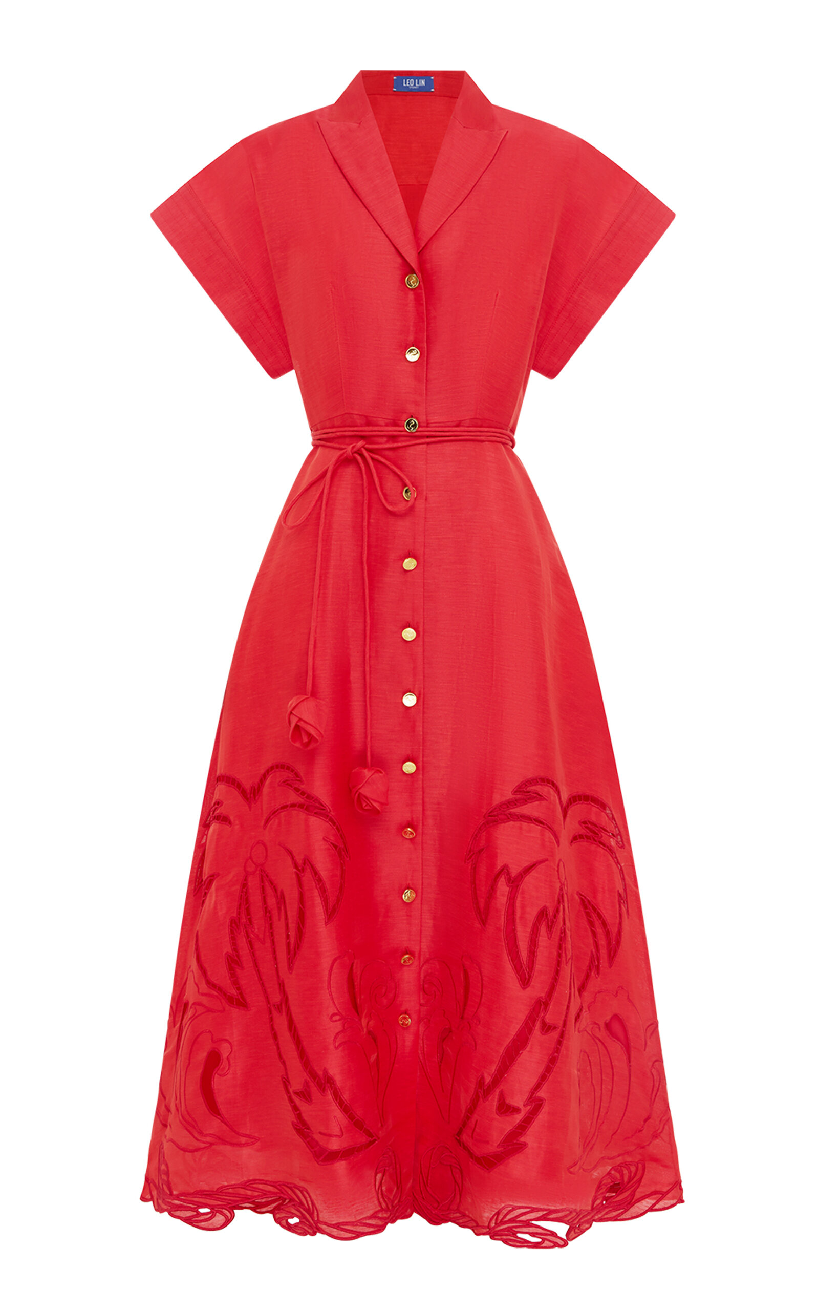 Leo Lin Aubrey Appliquéd Linen-Blend Shirt Midi Dress