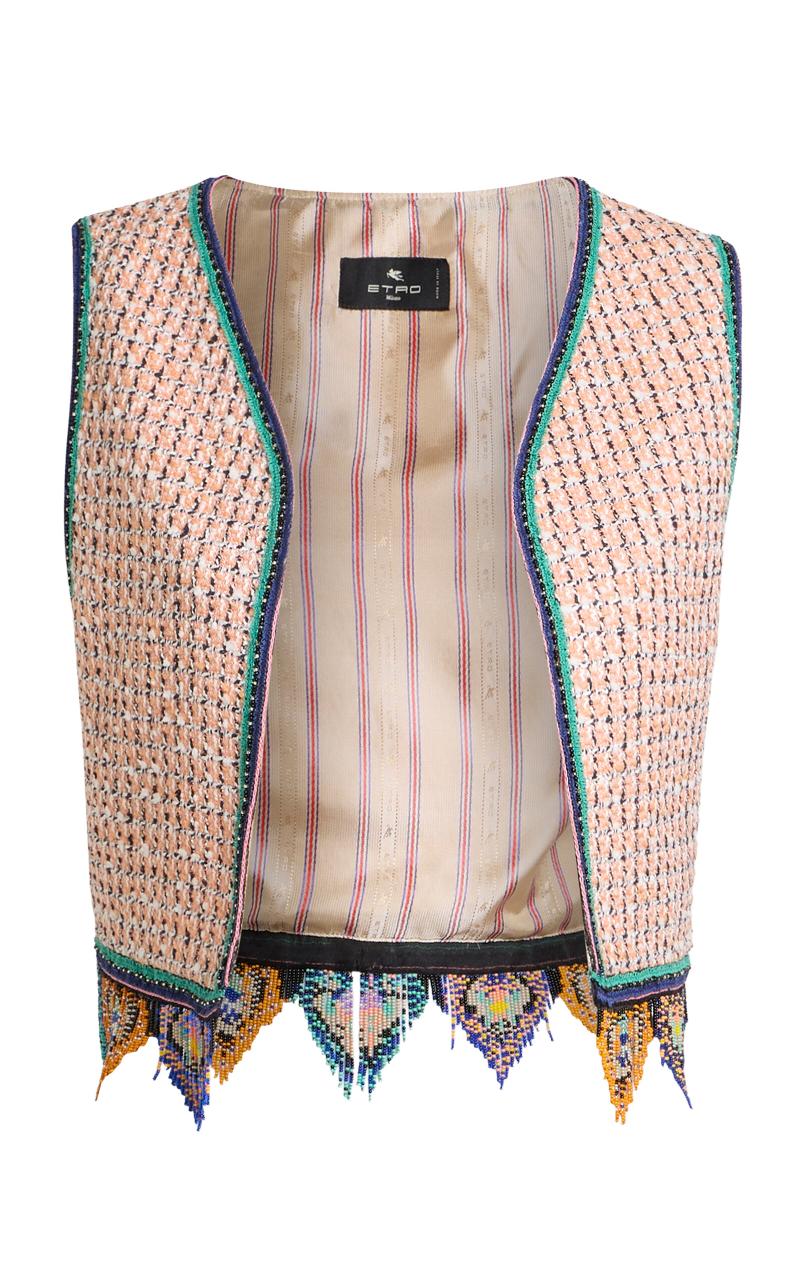 Etro Fringed Embroidered Tweed Vest In Brown