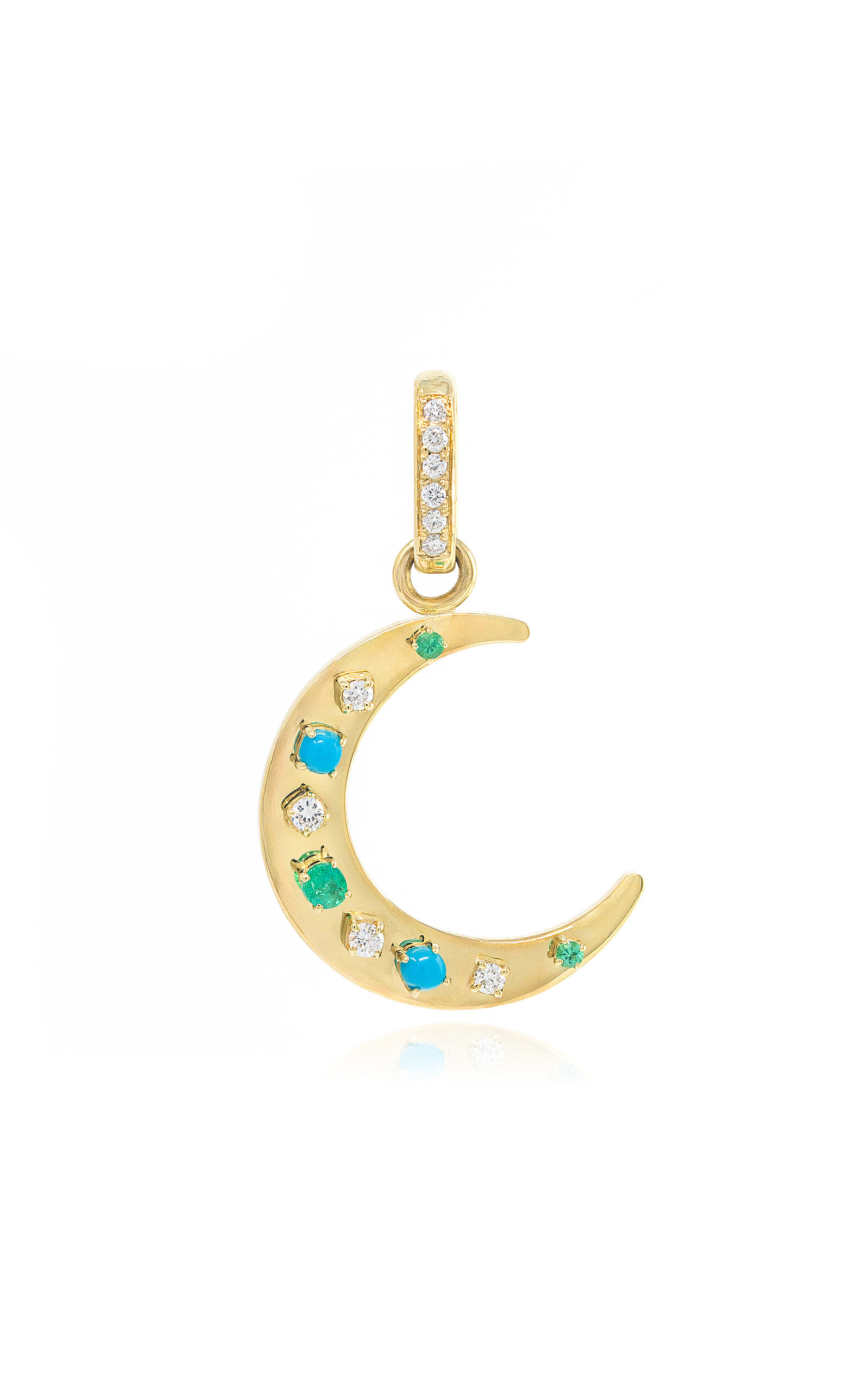 Mini Flat 18K Yellow Gold Turquoise; Emerald; and Diamond Crescent Charm