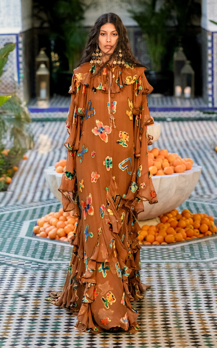 ALÉMAIS Golden Ruffled Metallic Velvet Gown