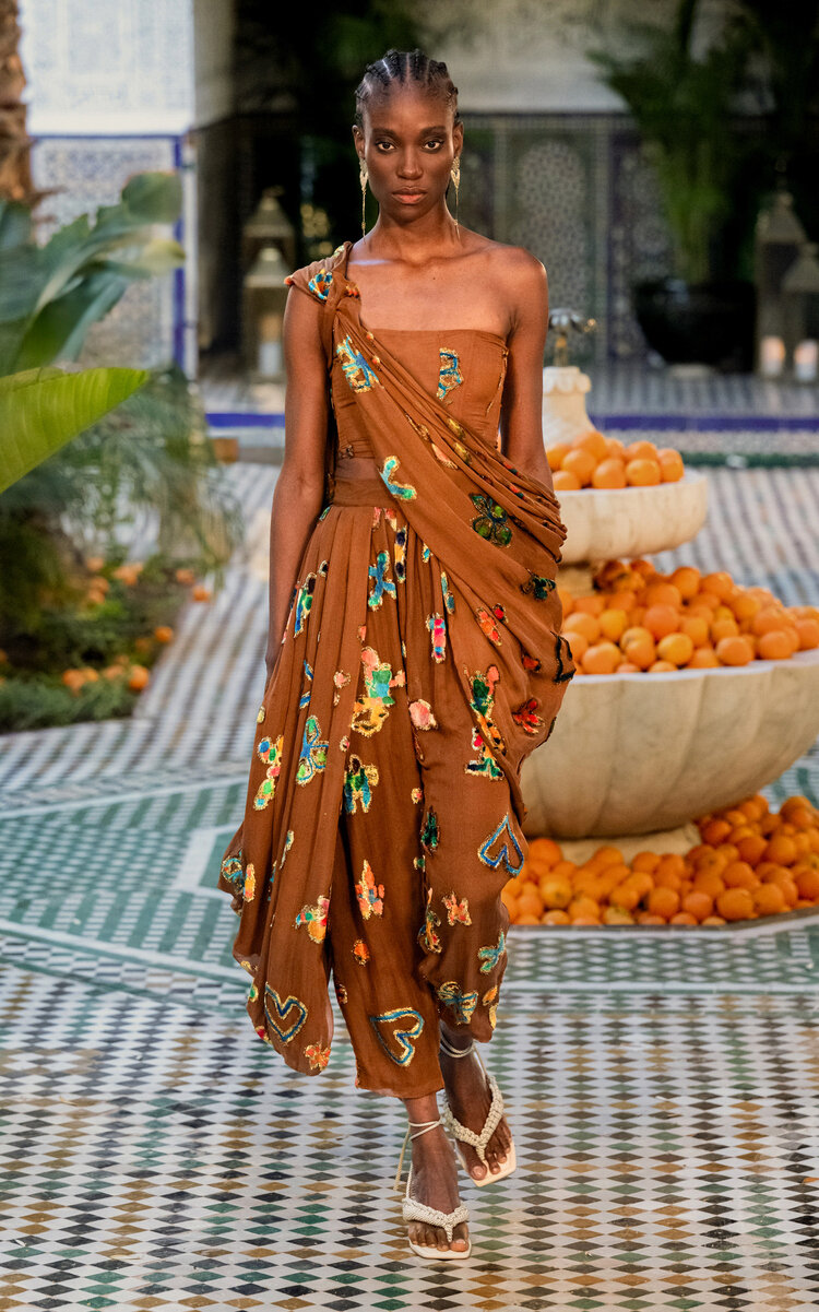 ALÉMAIS Golden Draped Metallic Velvet Pants