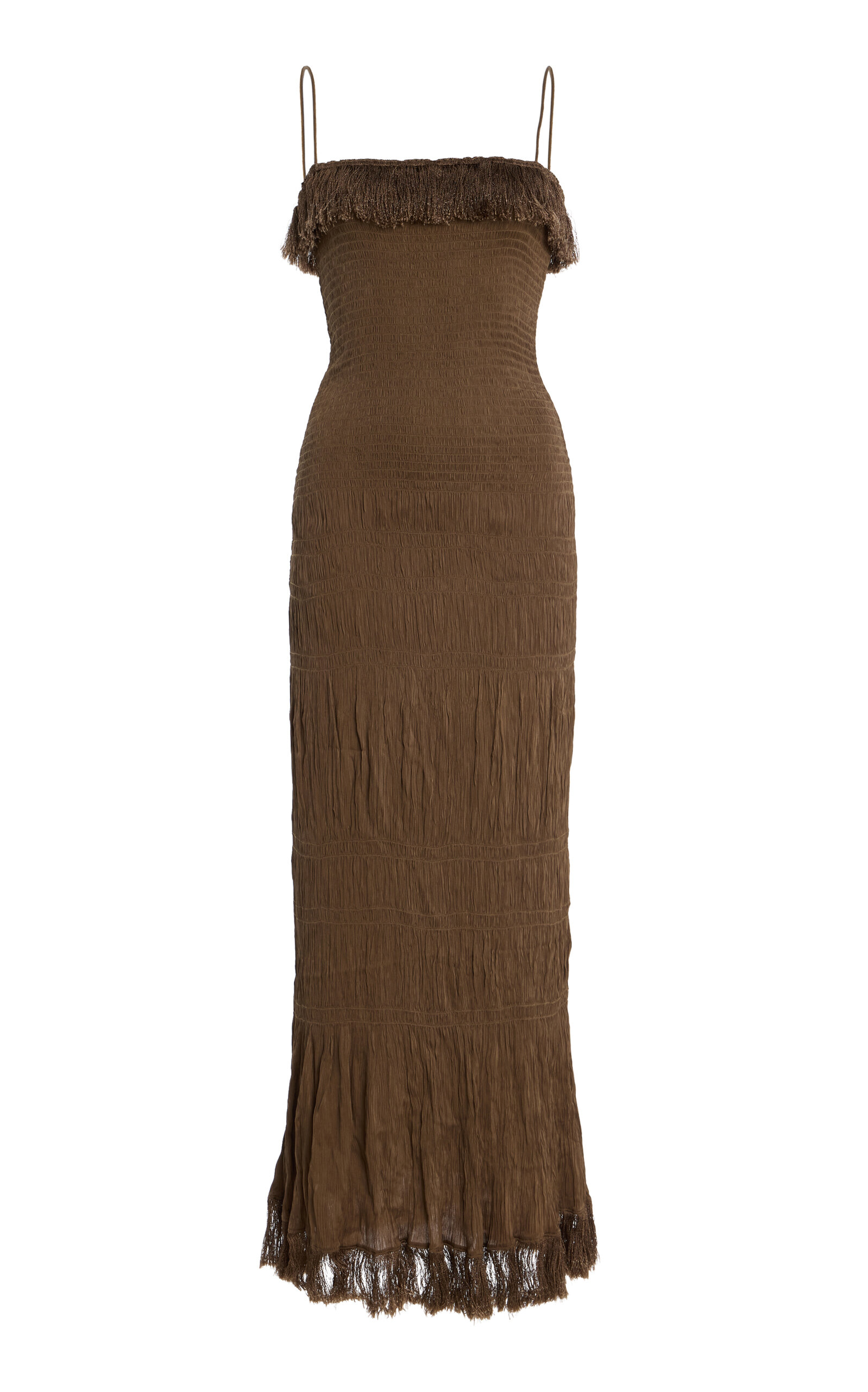 By Malene Birger Nova Fringe Smocked Satin Maxi Dress