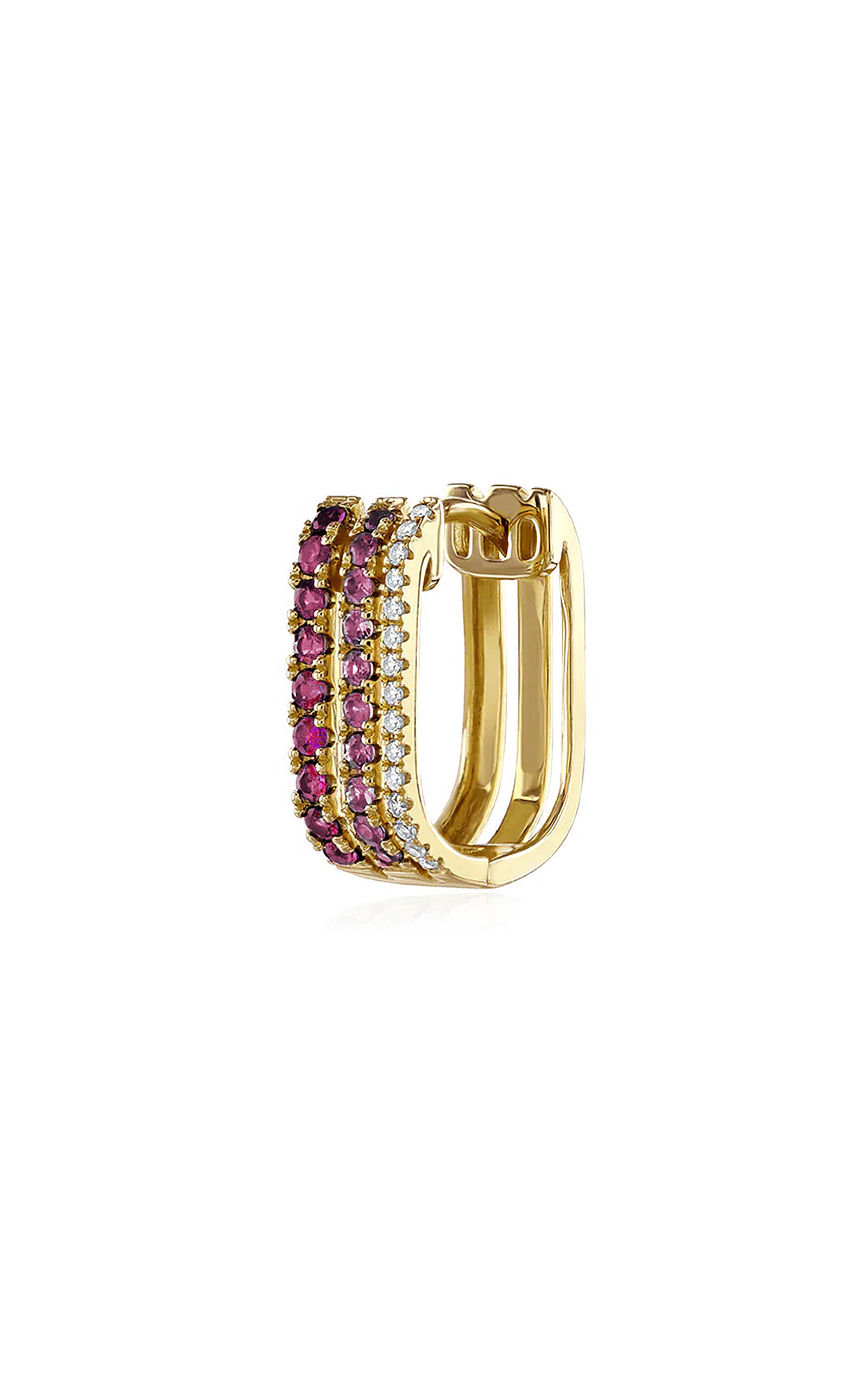 14k Yellow Gold Triple Diamond & Pink Sapphire Row Hoop Single Earring
