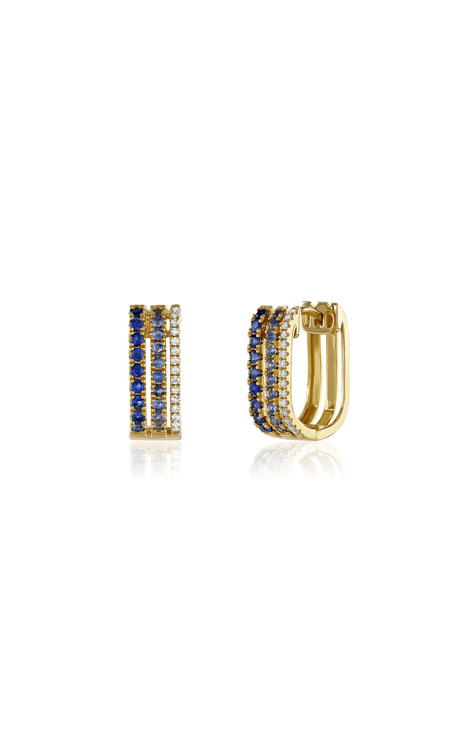14k Yellow GoldTriple Diamond & Blue Sapphire Row Hoop Single Earring