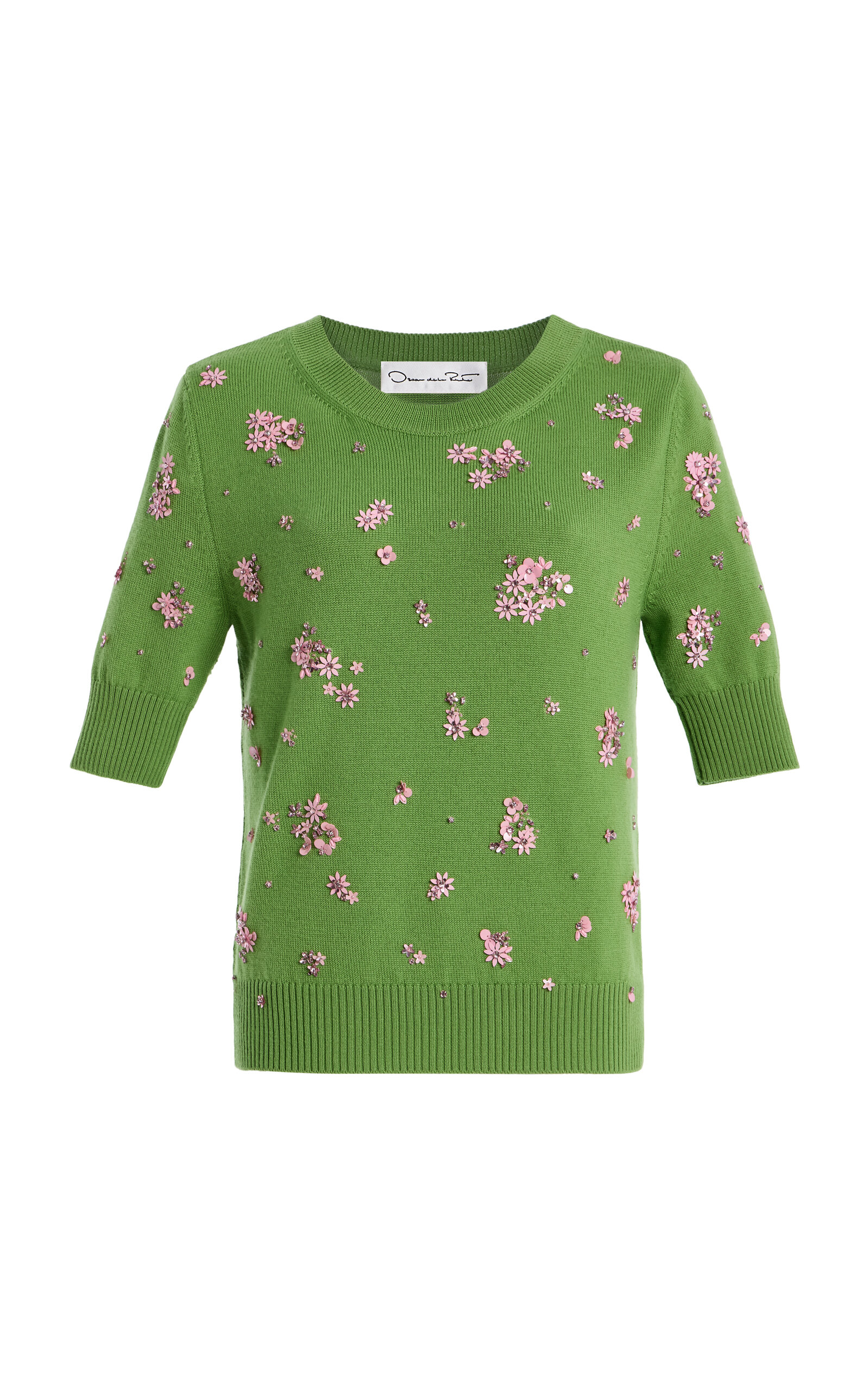 Oscar De La Renta Floral Crystal And Sequin-embellished Wool Sweater In Green
