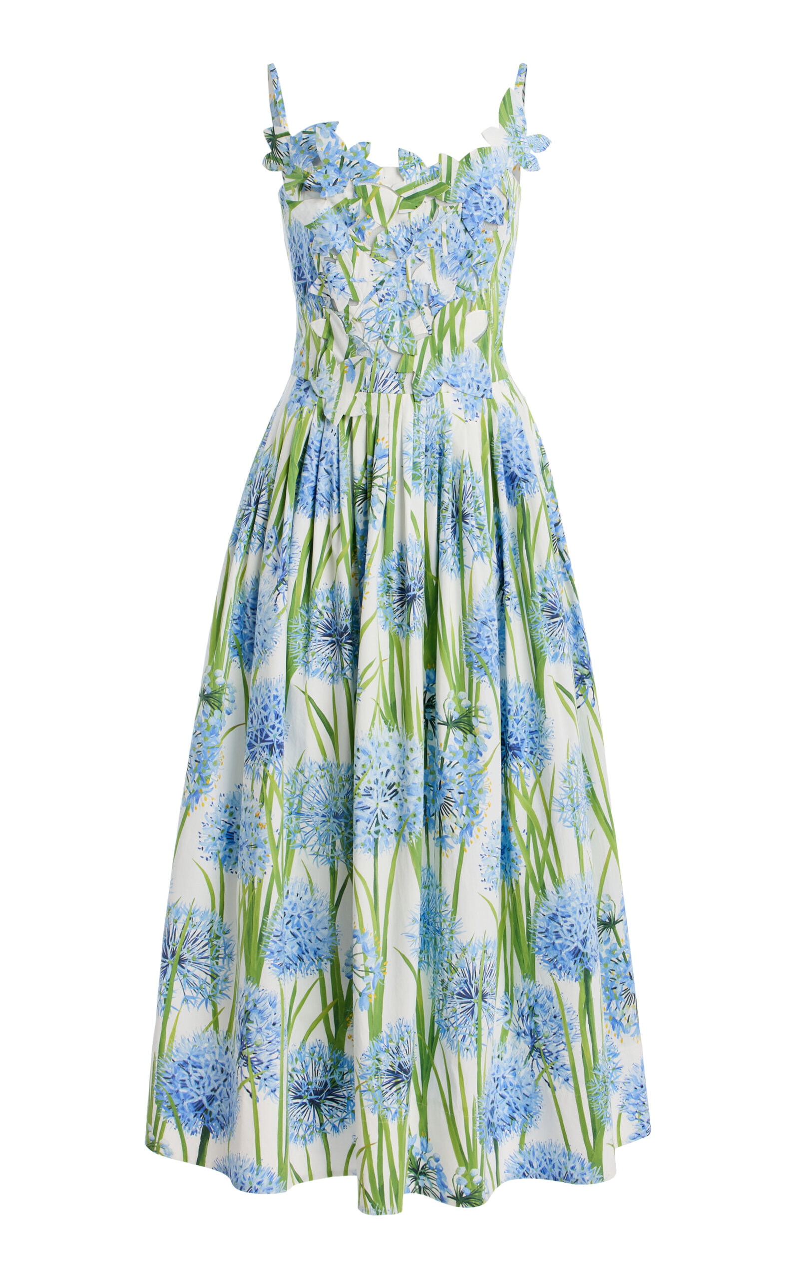 Oscar De La Renta Allium-printed Embroidered Cotton-poplin Midi Dress In Blue