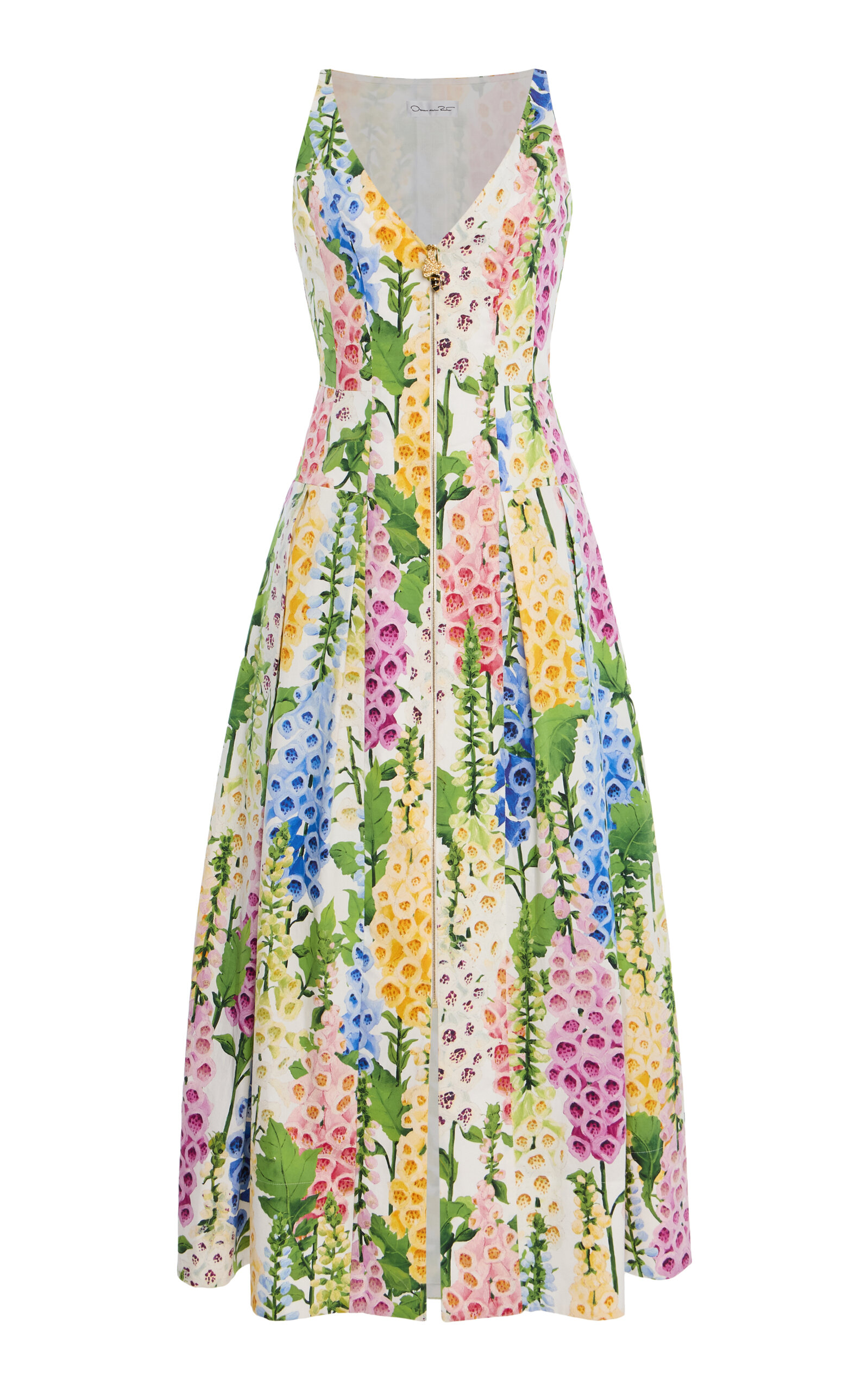 Oscar de la Renta Foxglove-Printed Pleated Cotton-Poplin Midi Dress - Multi