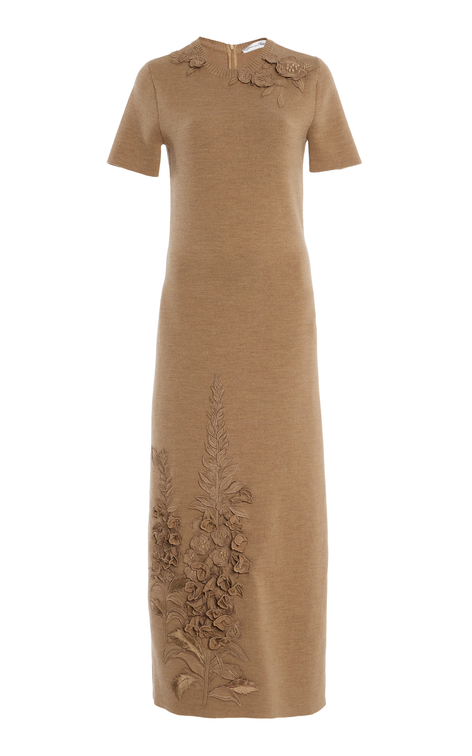 Oscar de la Renta Foxglove-Embroidered Wool Midi Dress - Women's Clothing
