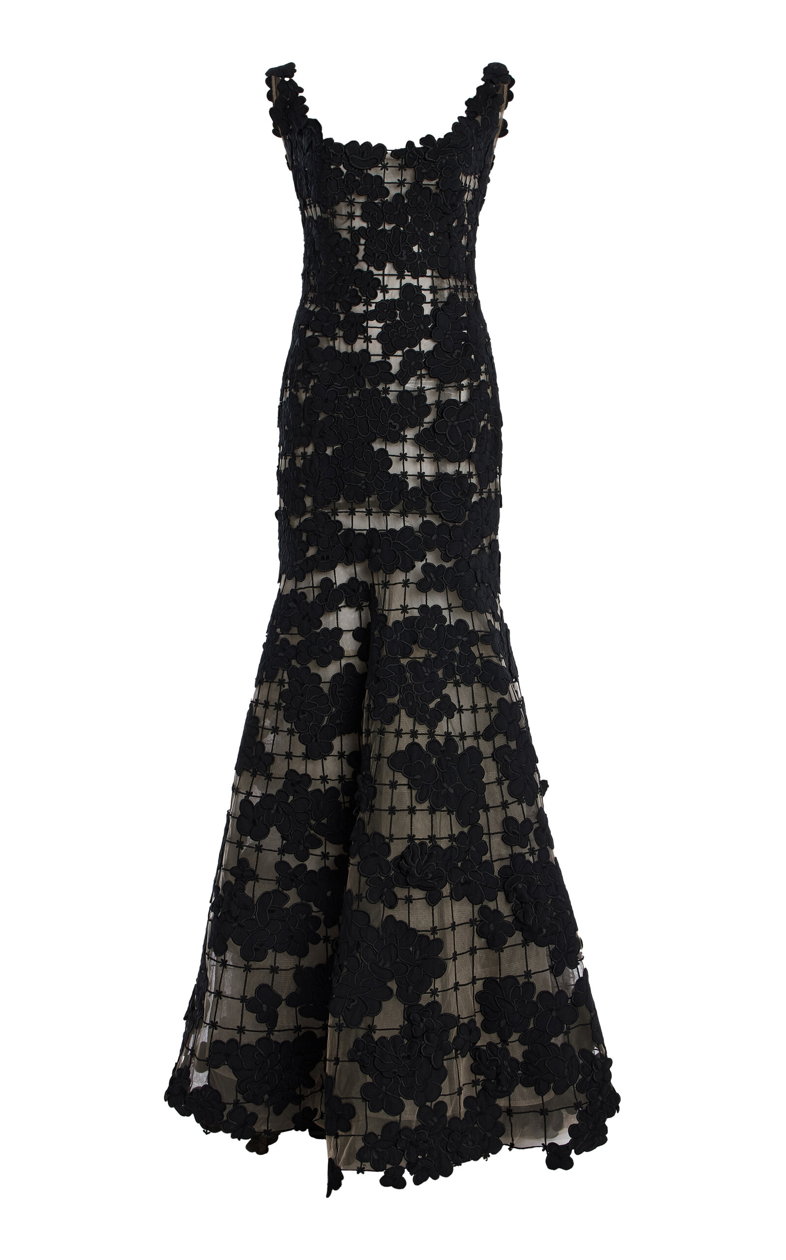 Oscar De La Renta Threadwork Floral Gown In Black