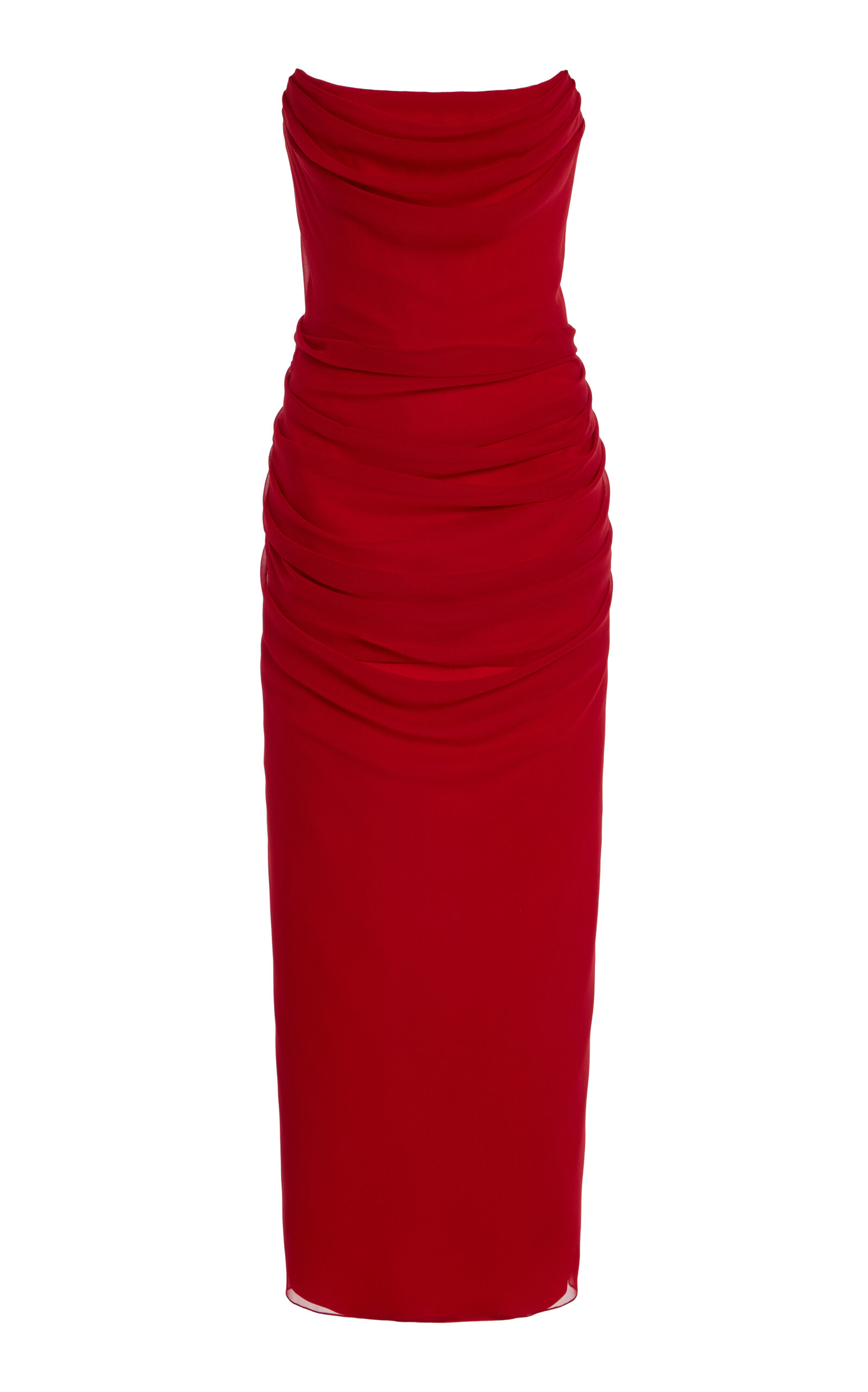 Carolina Herrera Strapless Draped Silk-chiffon Midi Dress In Red