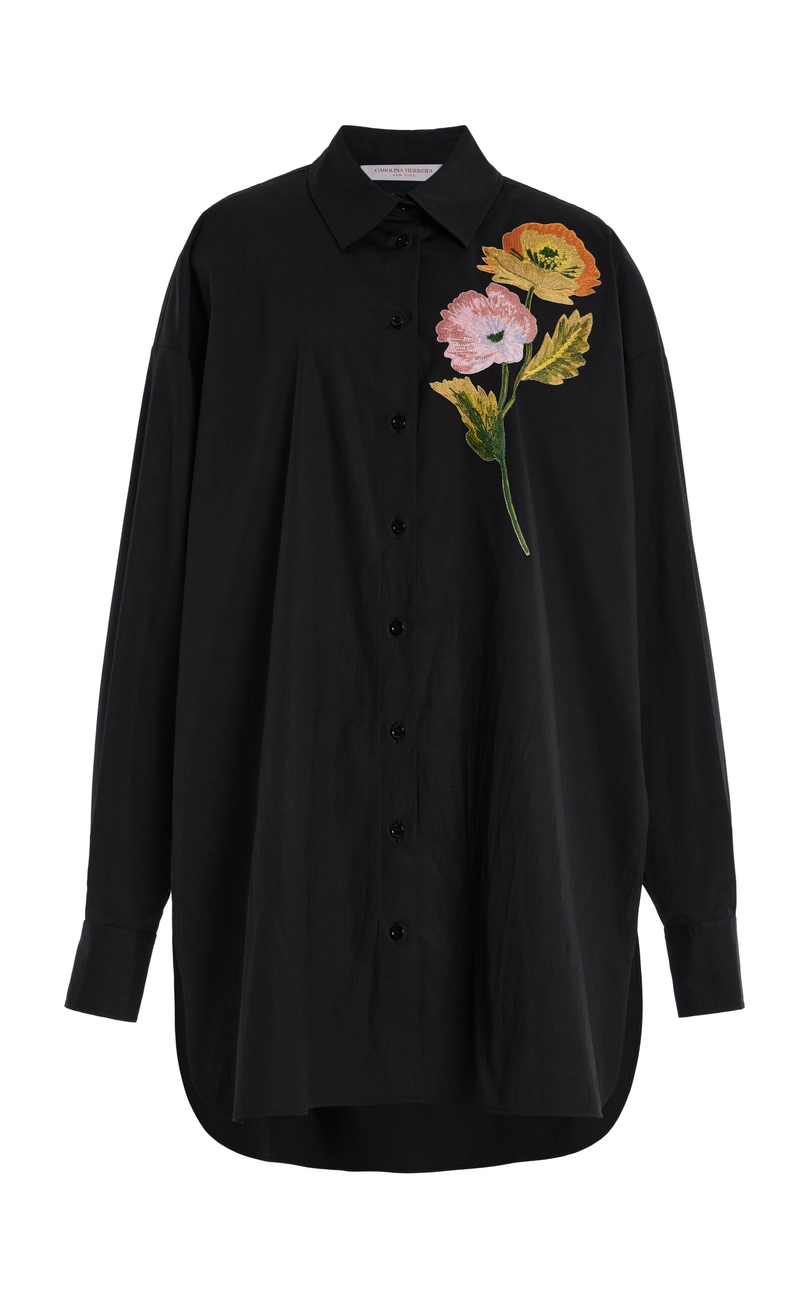Carolina Herrera Embroidered Stretch-cotton Button-down Shirt In Black