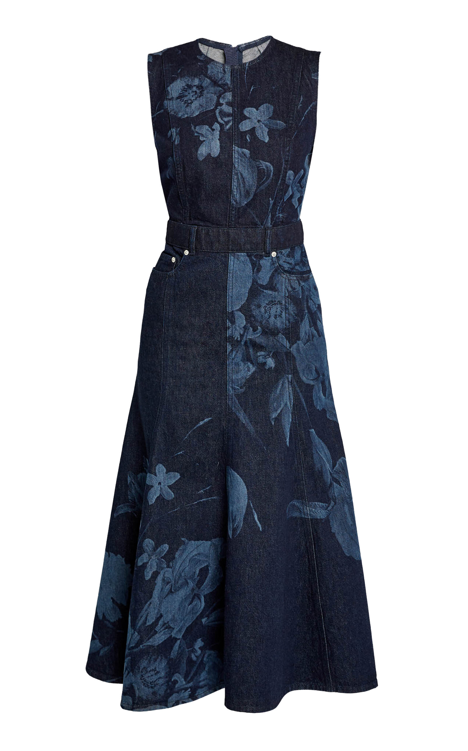 Erdem Embroidered Fluted Denim Midi Dress