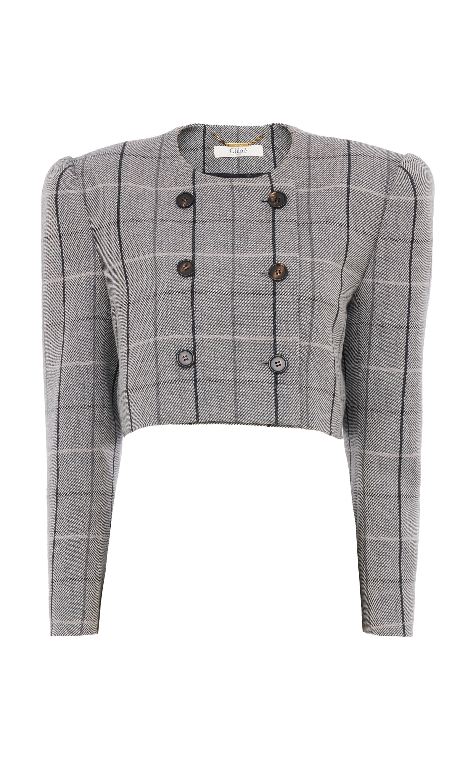 Chloé Cropped Wool Checkered Jacket In Gray