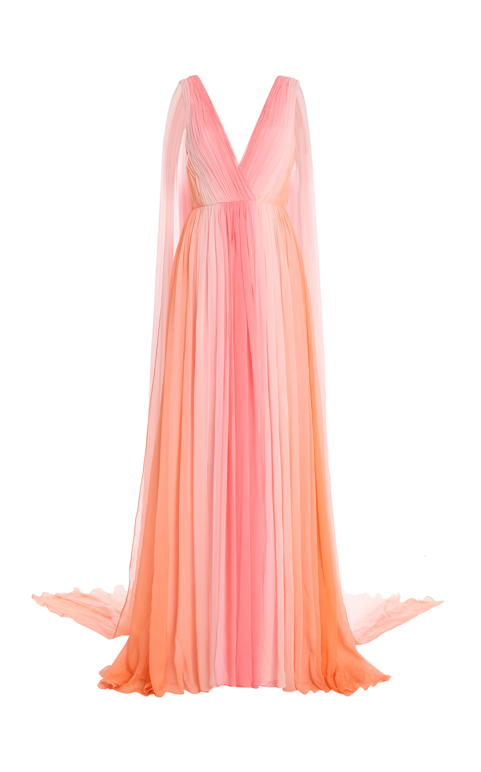 Monique Lhuillier V-Neck Silk Pleated Gown With Streamers