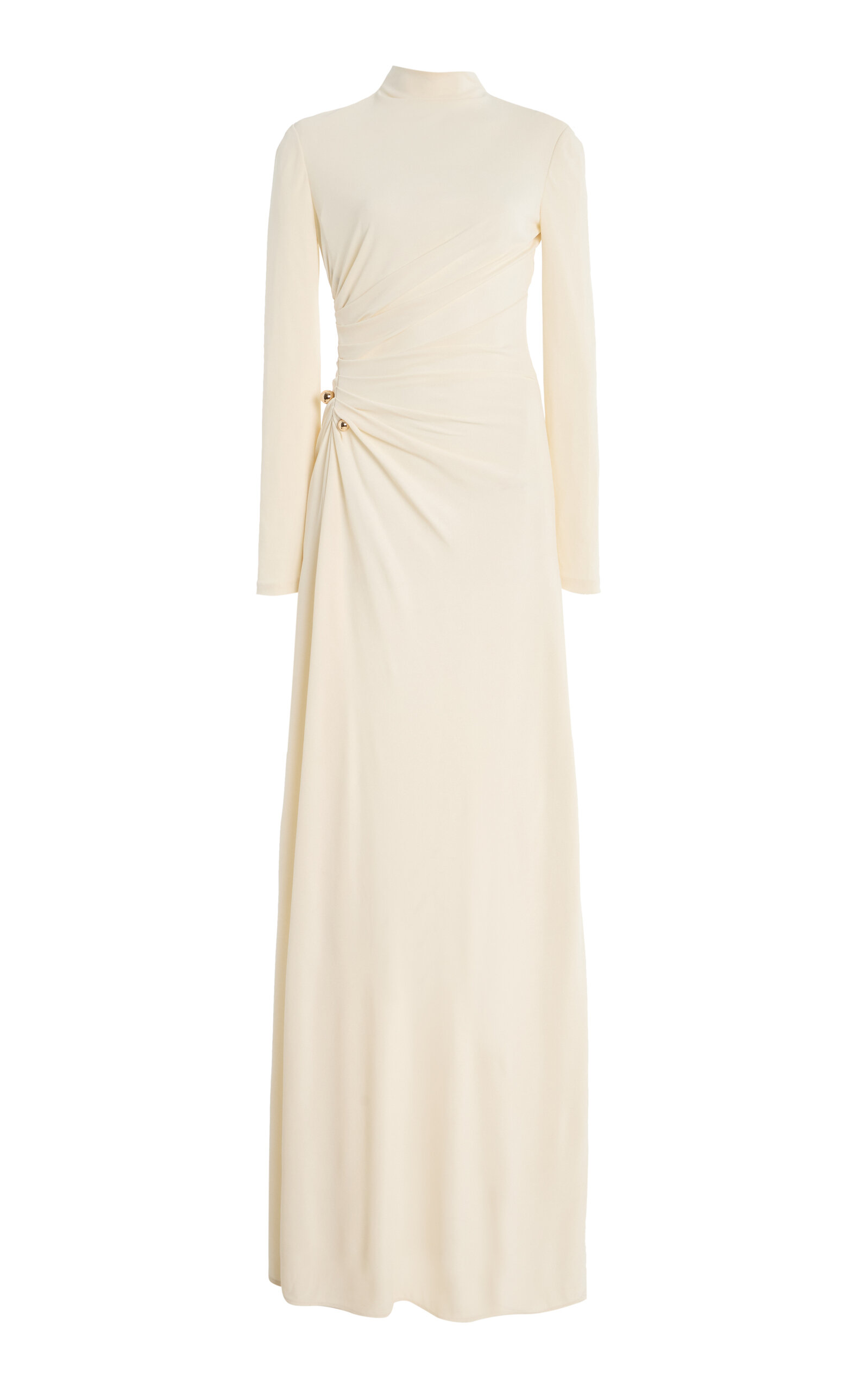Long Sleeved Draped Gown With Gold Ball Piercing