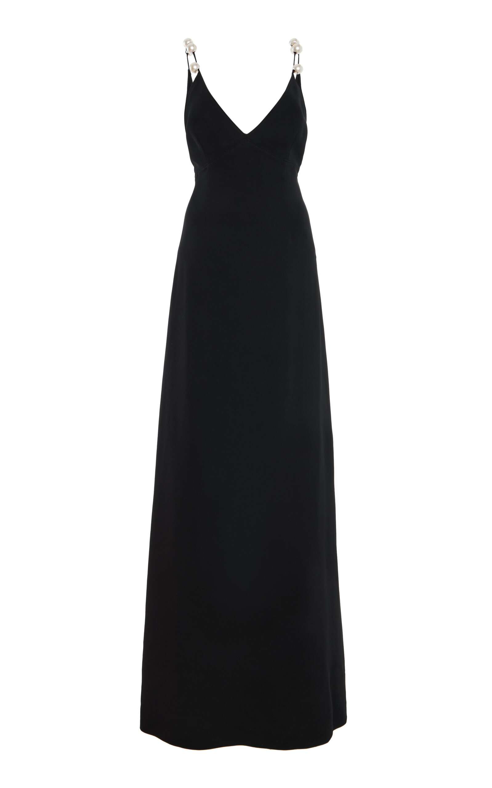 Monique Lhuillier A-Line V Neck Wool Blend Gown With Pearl Straps