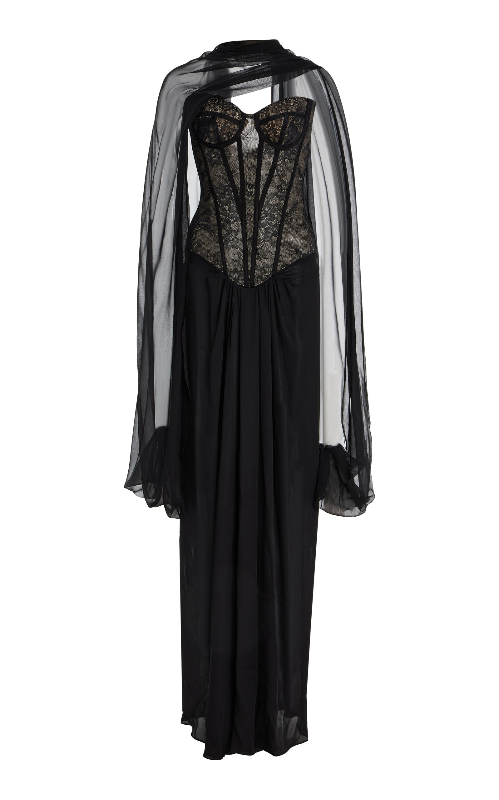 Strapless Corseted Bodice Gown With Chiffon Shawl