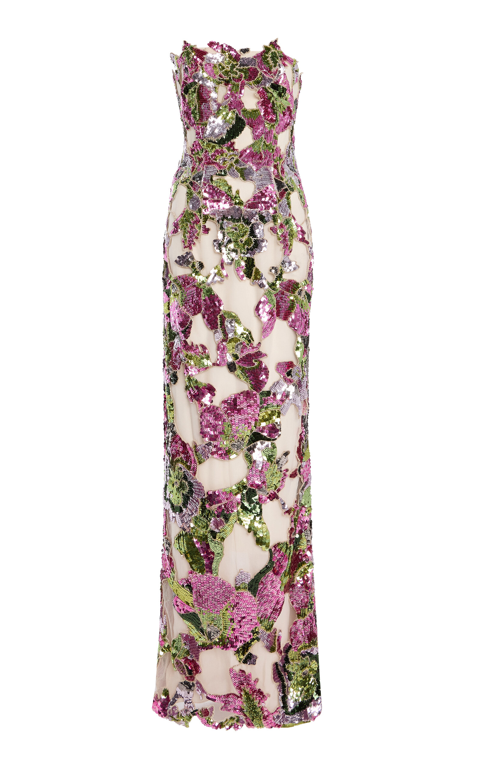 Embroidered Strapless Column Silk Gown