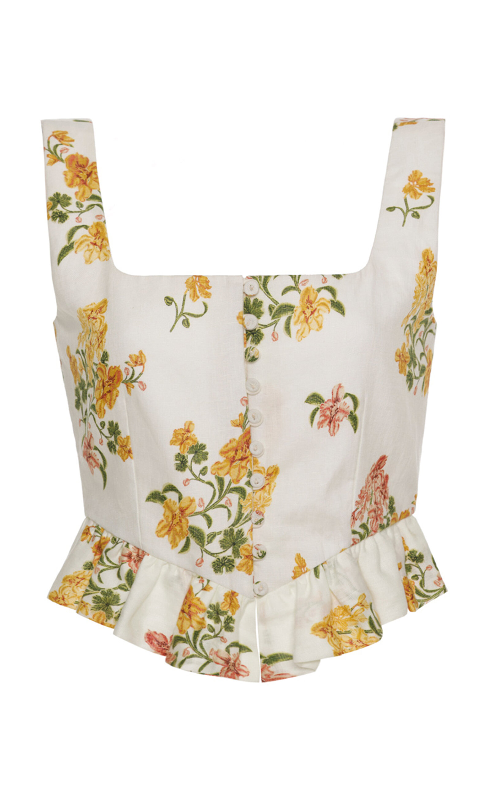 Agua by Agua Bendita Eslabon Ruffled Floral Linen Cropped Top