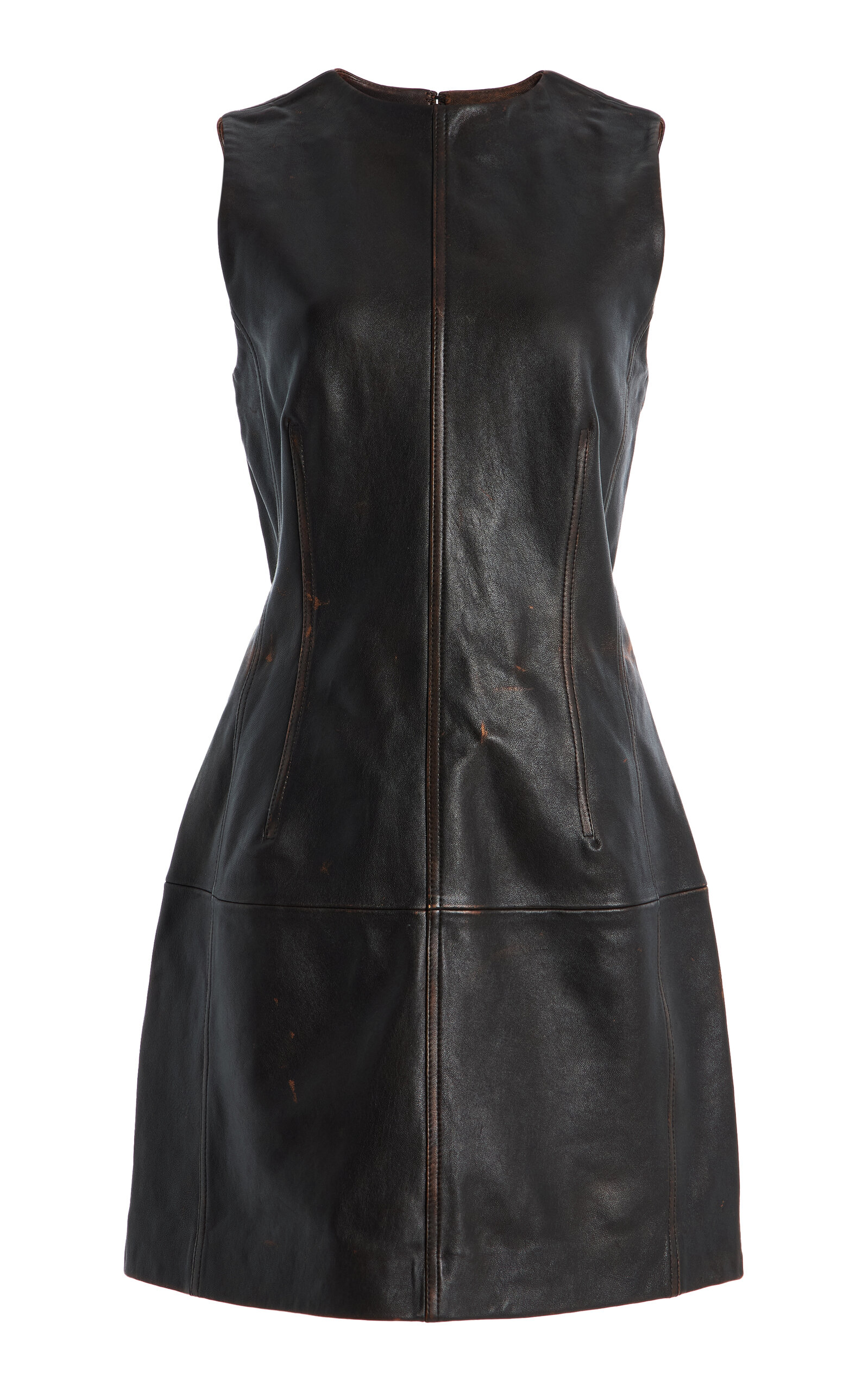 Staud Binx Distressed Leather Mini Dress In Brown
