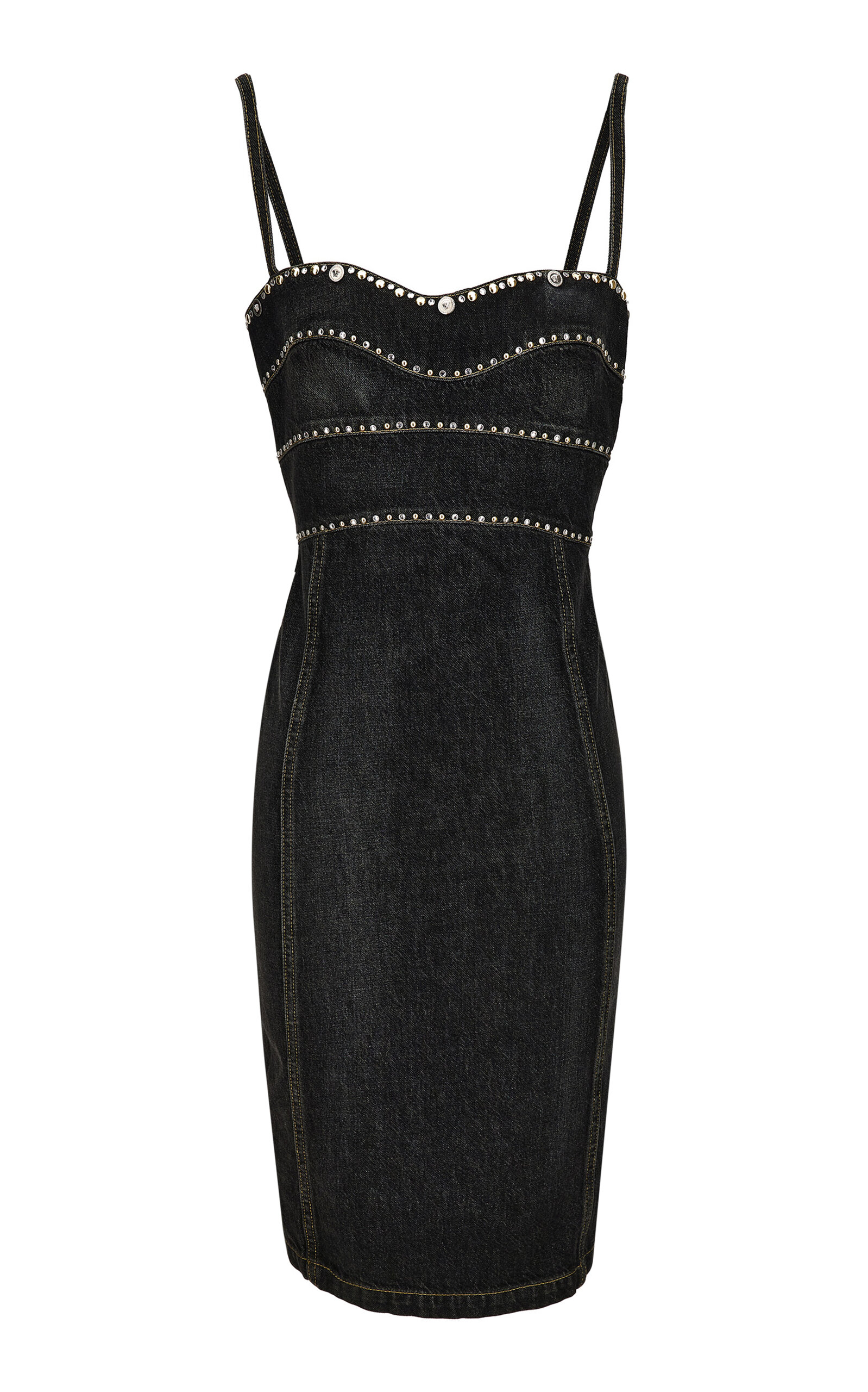 Versace Studded Stone-washed Denim Midi Dress In Black