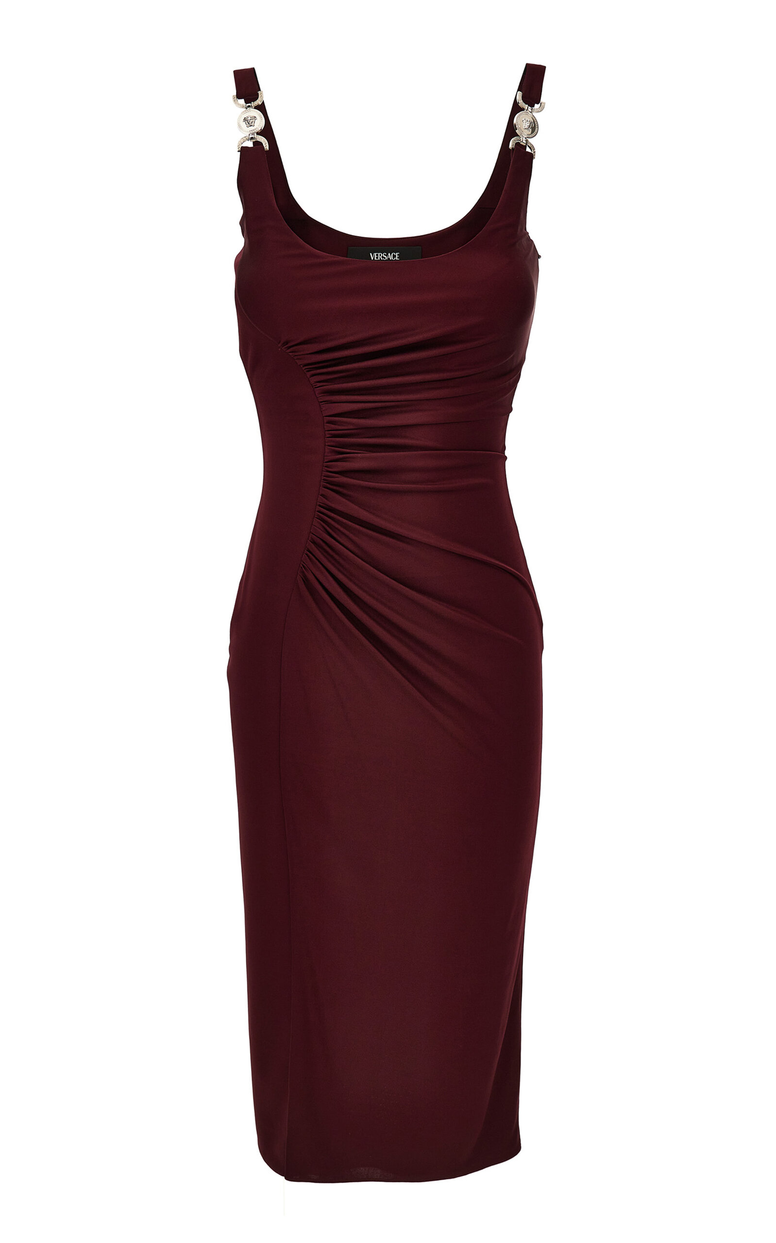 Versace Ruched Jersey Midi Cocktail Dress In Burgundy