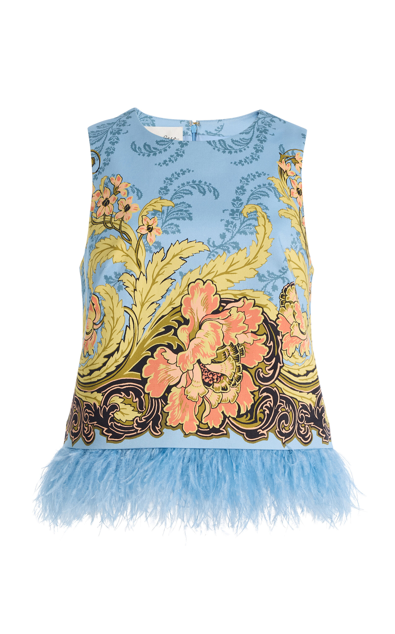 Cara Cara Belmond Feather-trimmed Cotton-sateen Top In Blue