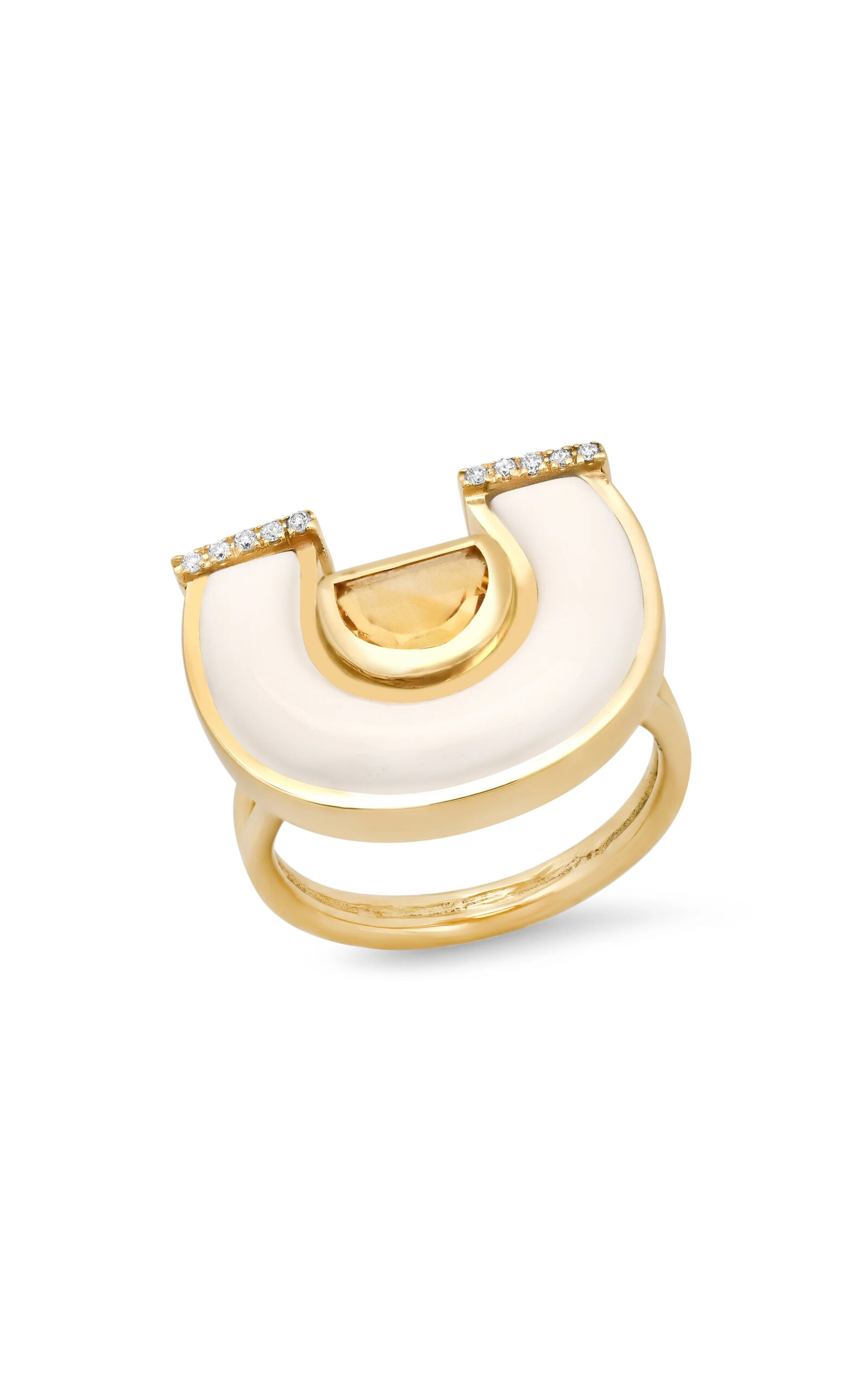14K Yellow Gold Citrine; White Agate and Diamond Horseshoe Ring