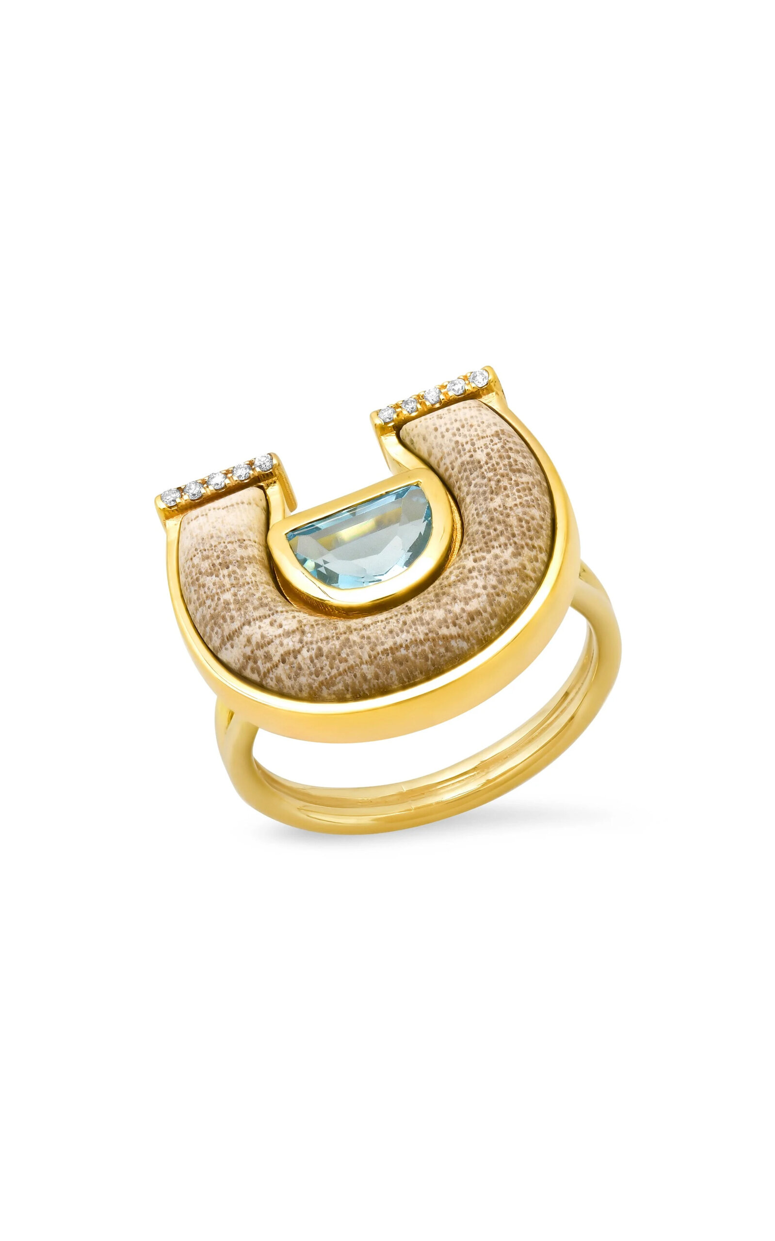 14K Yellow Topaz; Petrified Wood And Diamond Ring