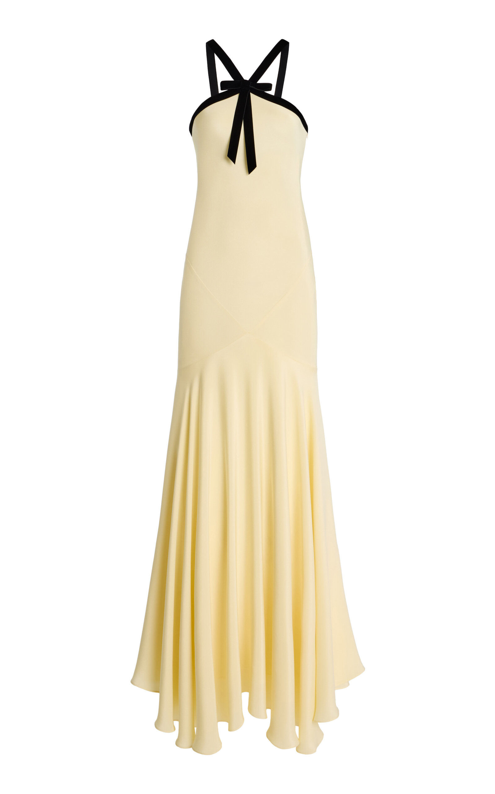Rodarte Velvet-trimmed Silk Crepe Maxi Halter Dress In Yellow