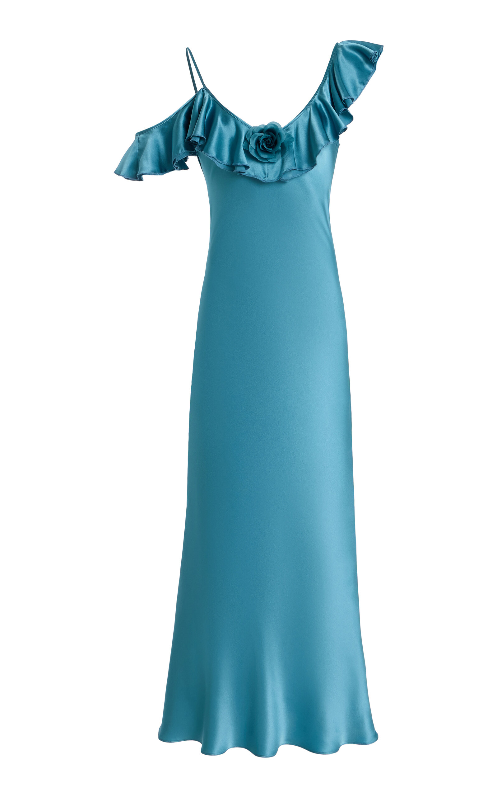 Rodarte Flower-detailed Ruffled Silk Satin Midi Slip Dress In Blue