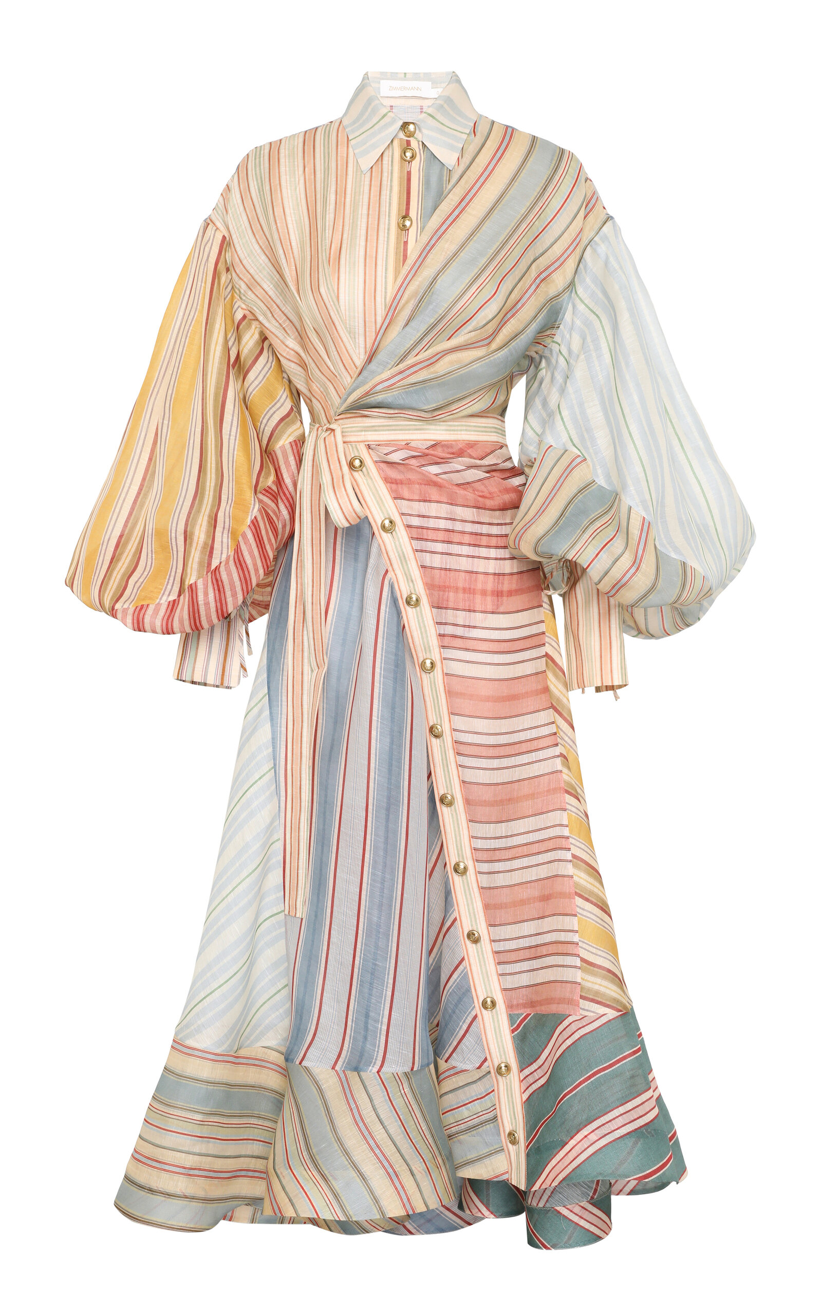 Zimmermann Rebellion Striped Linen-Silk Midi Wrap Shirt Dress