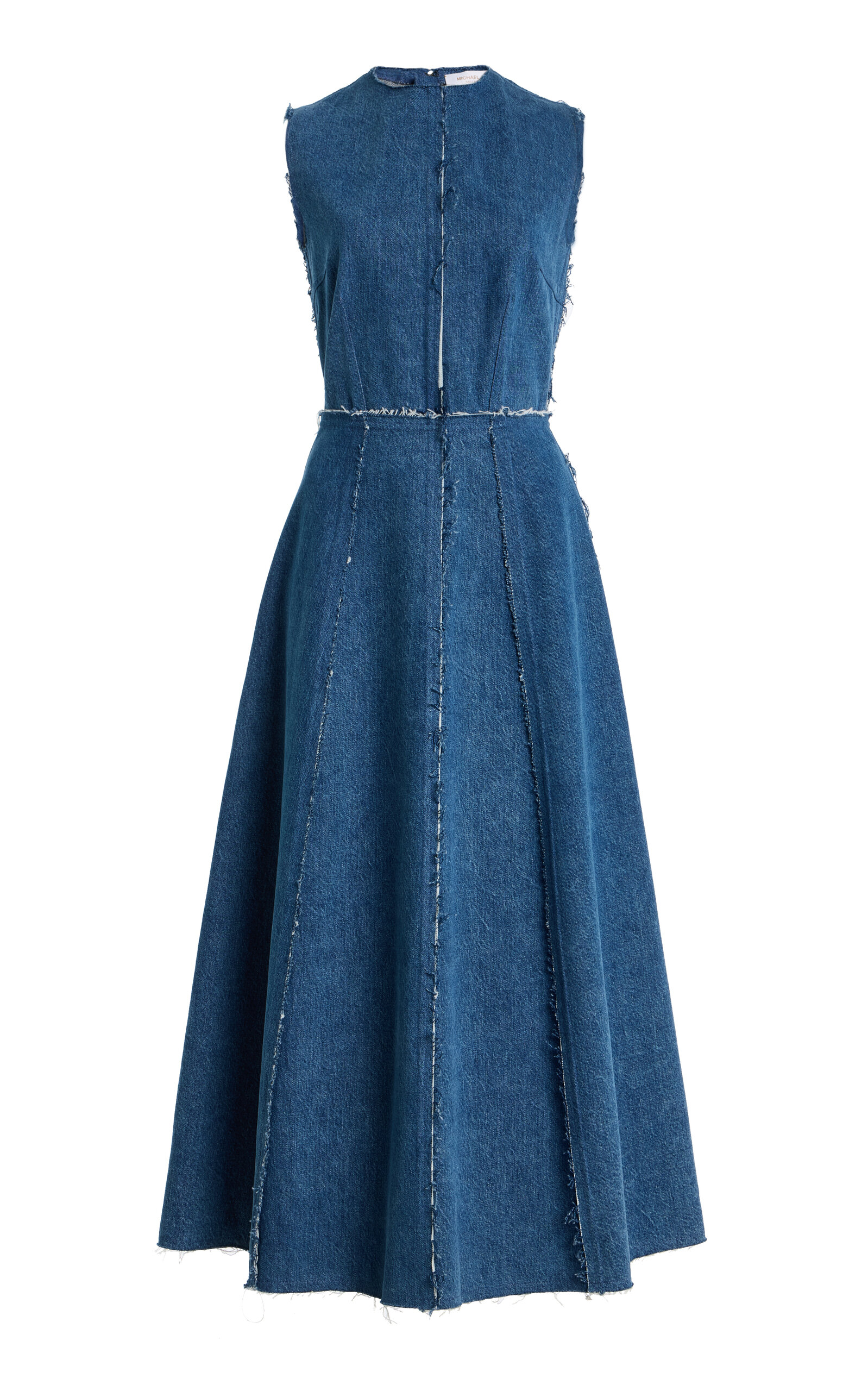 Michael Kors Dance Frayed Denim Midi Dress In Blue