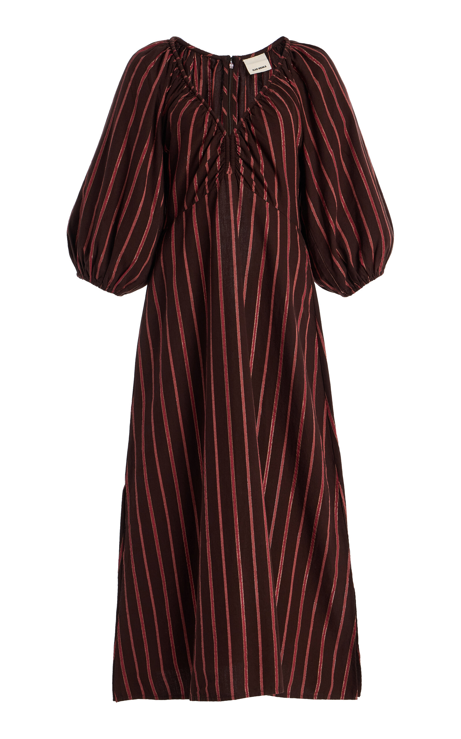 Ilio Nema Semele Striped Cotton Midi Dress In Brown