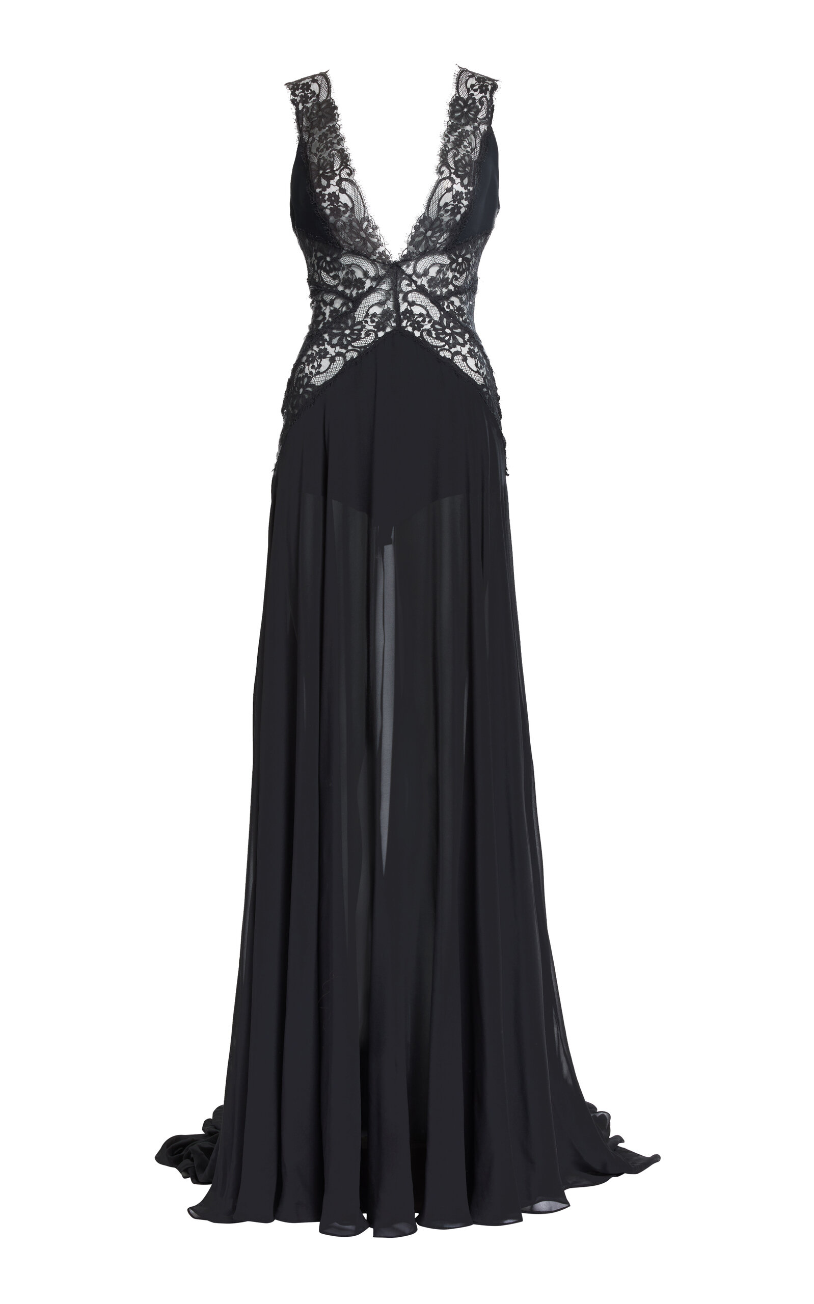 Elie Saab Double Georgette & Lace Long Dress