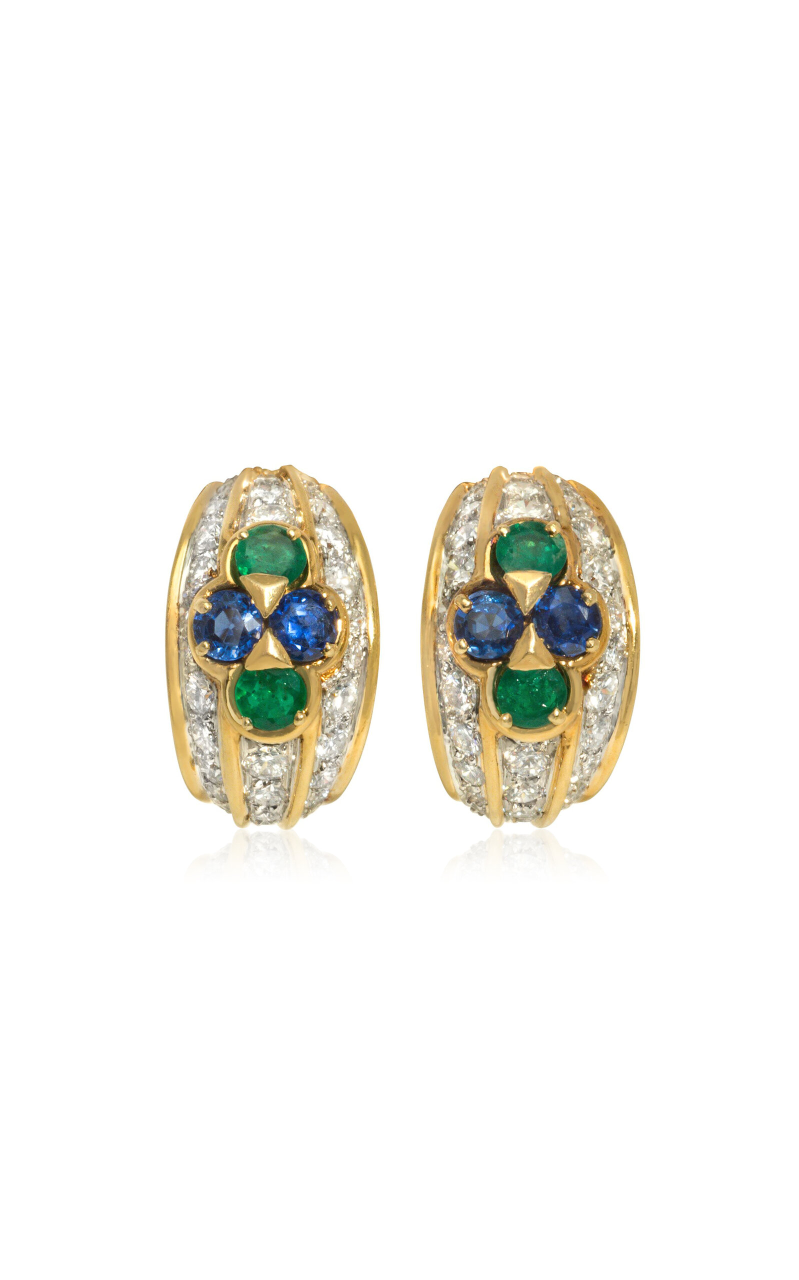 Van Cleef & Arpels 18K Yellow Gold Diamond Emerald And Sapphire Earrings