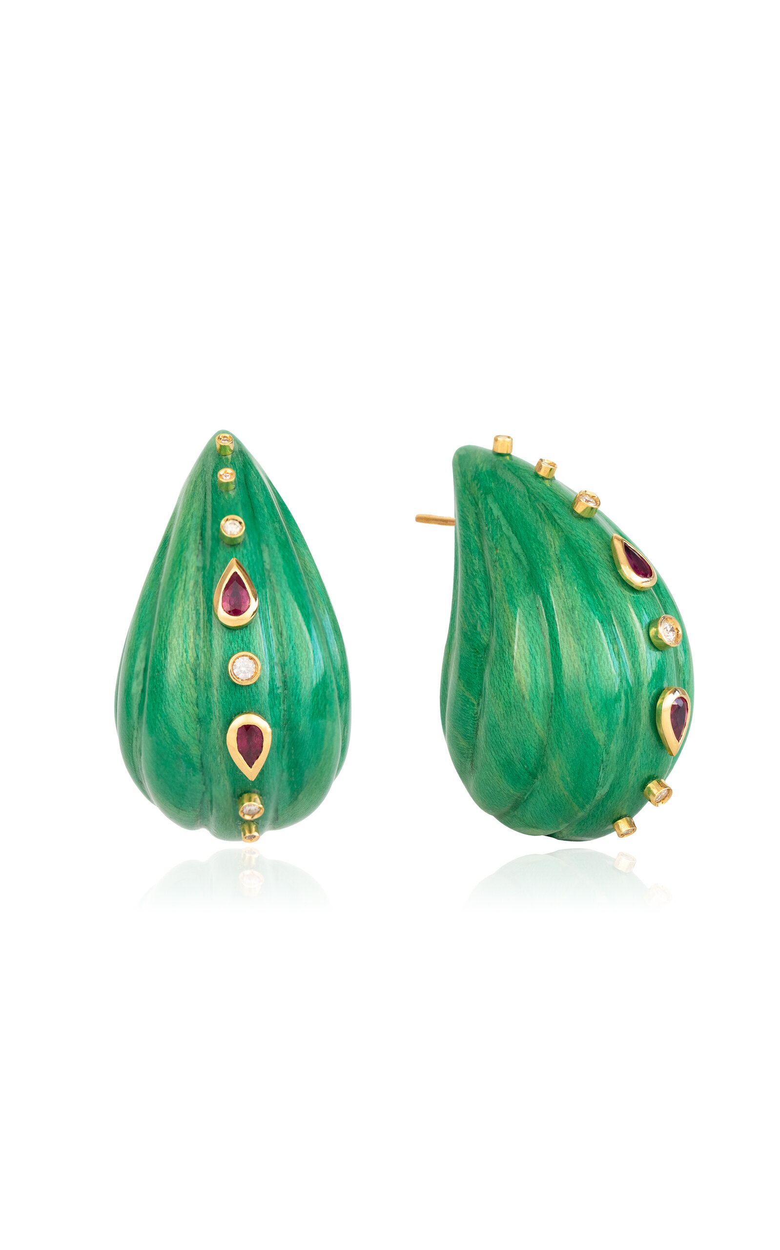 18k Yellow Gold Wavey Green Laquered Marquetry Earrings