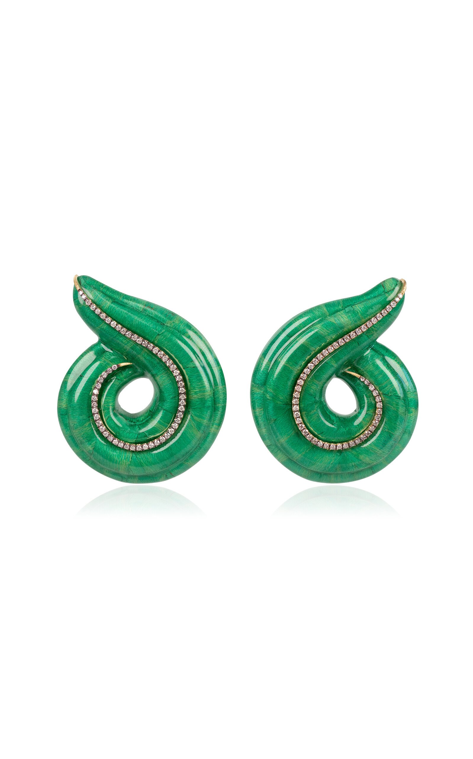 18k Yellow Gold Spiral Green Laquered Marquetry Earrings