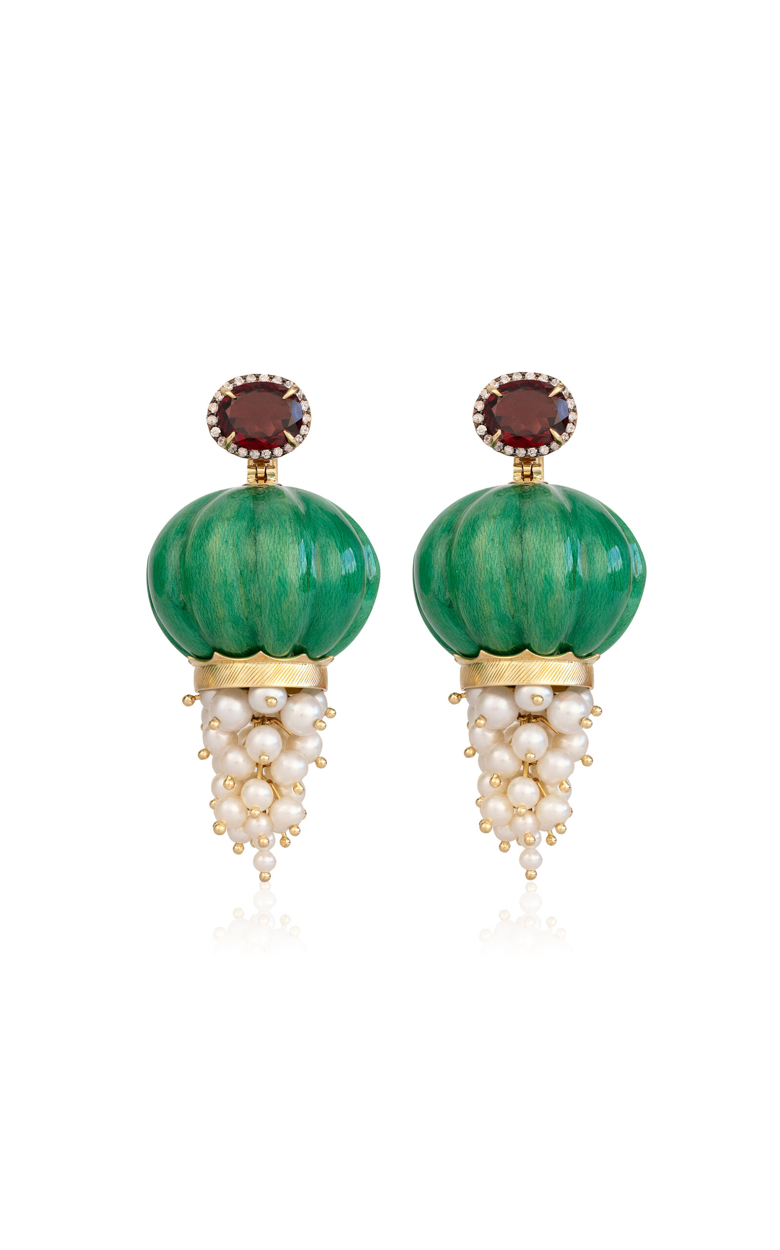 18k Yellow Gold  Wavy Pitanga Green Laquered Marquetry Earrings