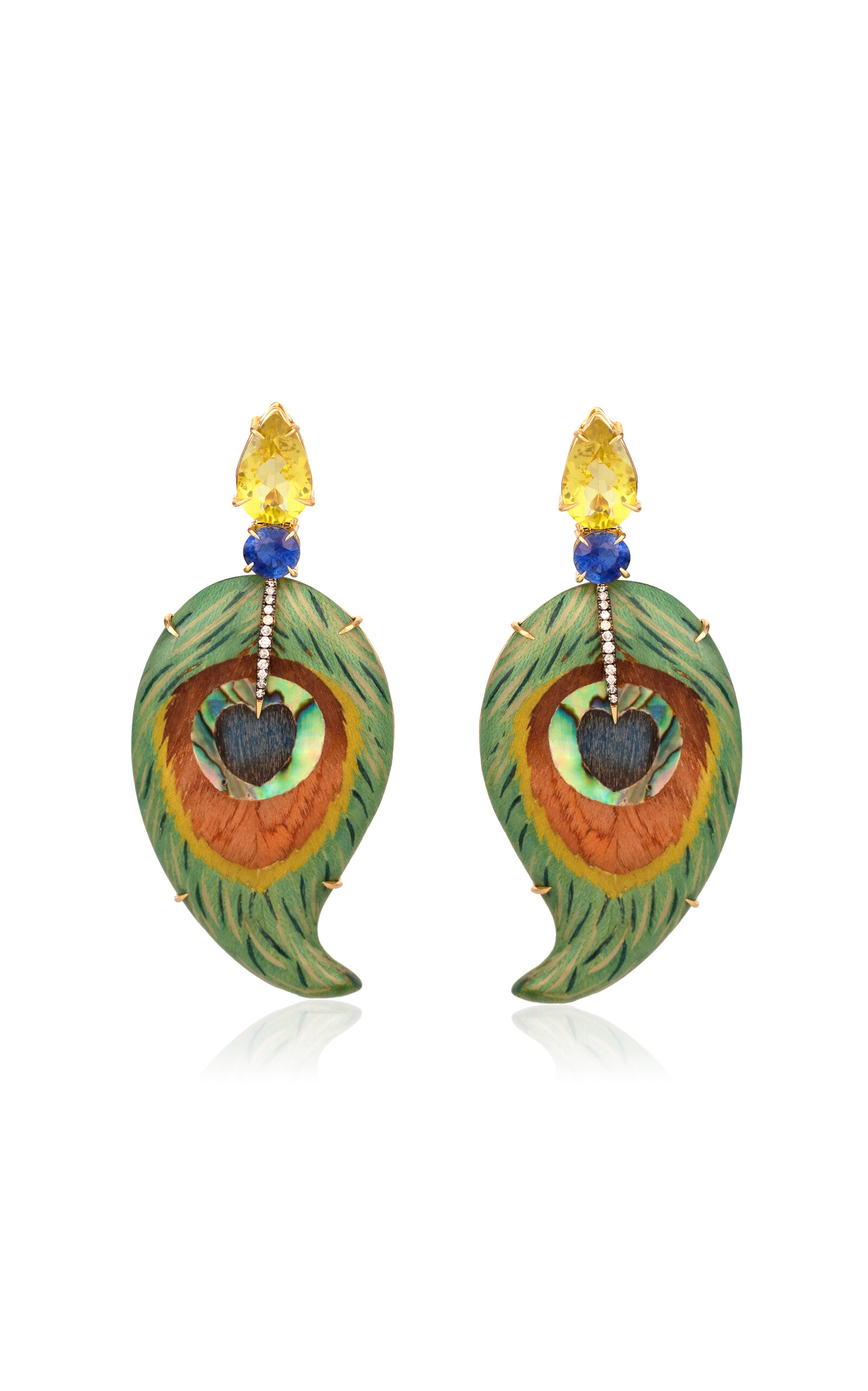 18k Yellow Gold Irregular Drop Marquetry Peacock Earrings