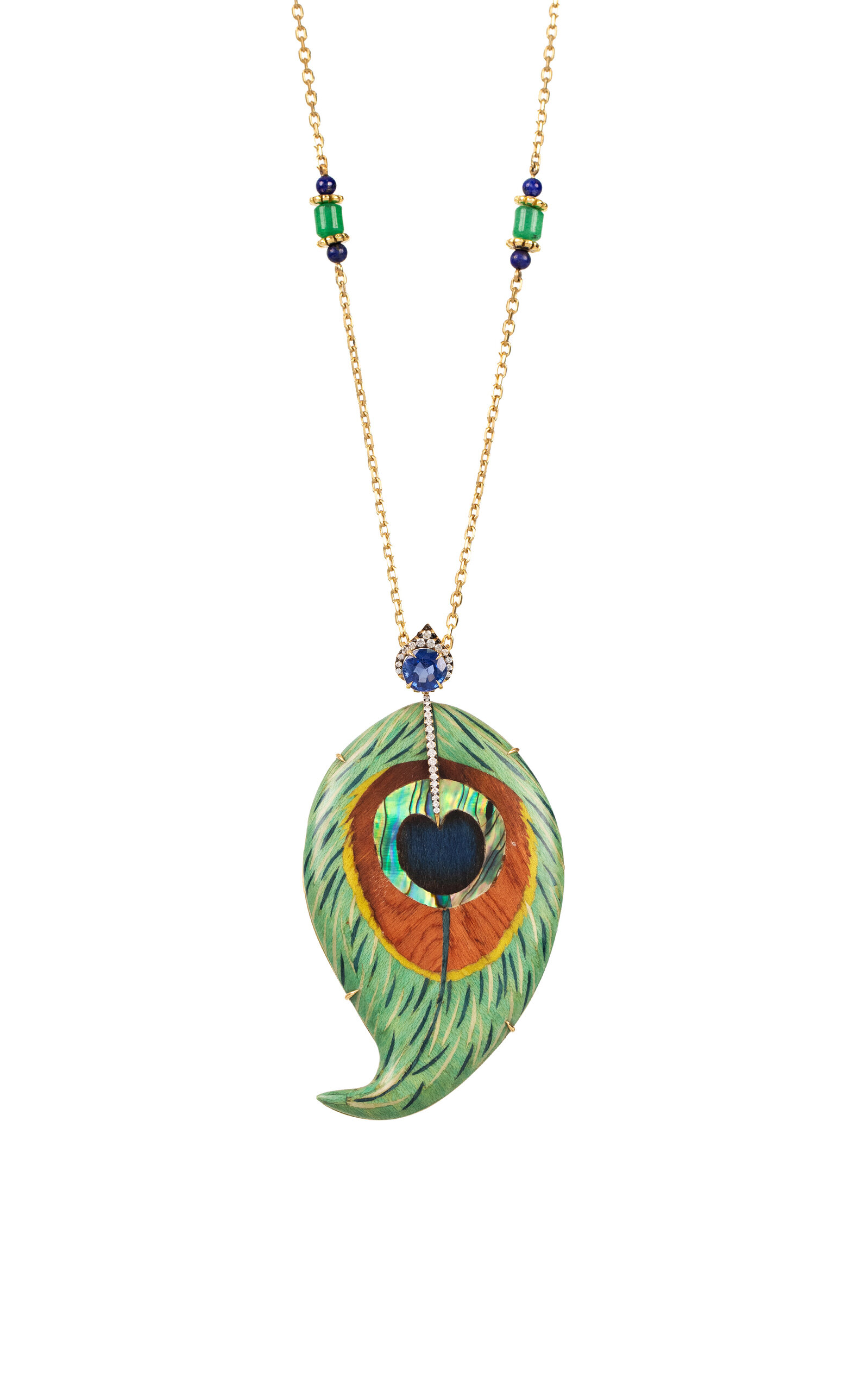 18k Yellow Gold Irregular Drop Marquetry Peacock Necklace