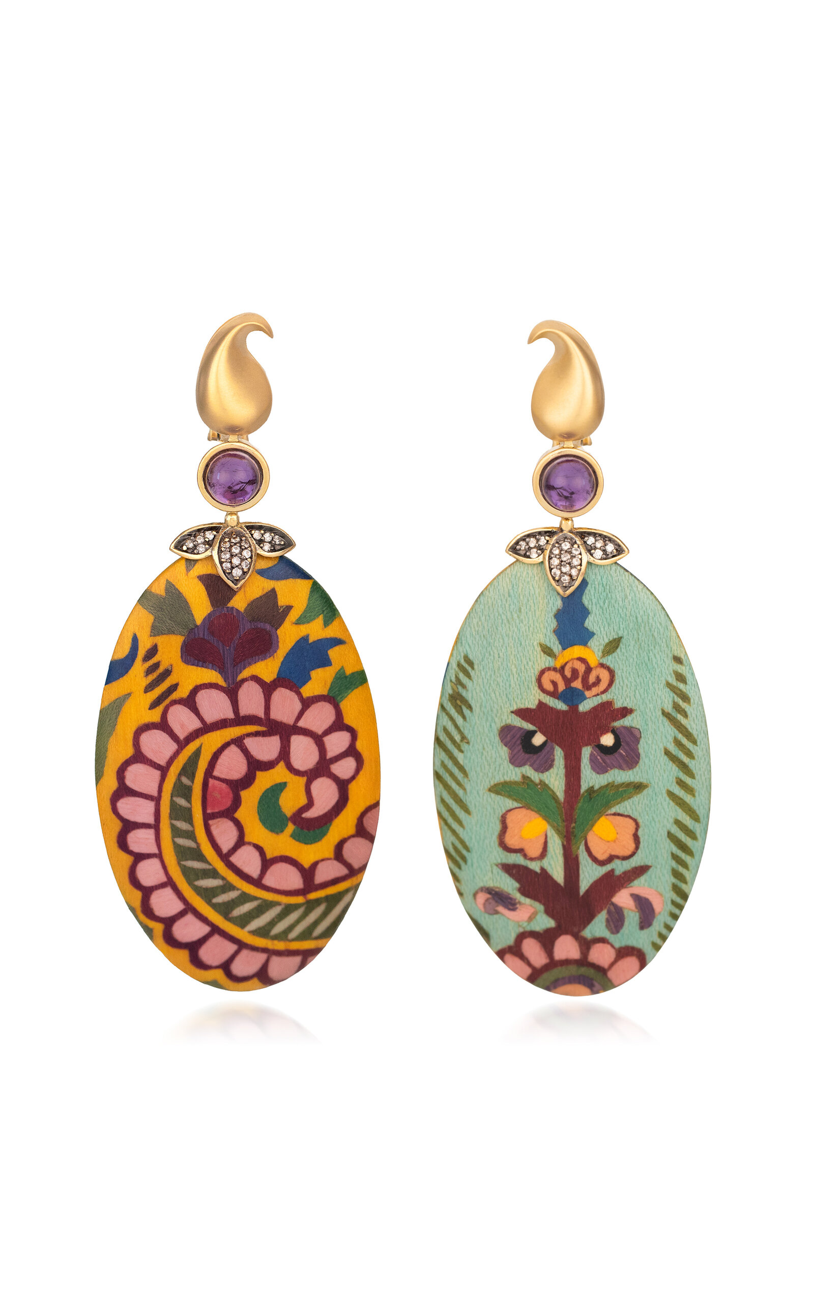 18k Yellow Gold Double Faced Marquetry Oval Shaped Earrings