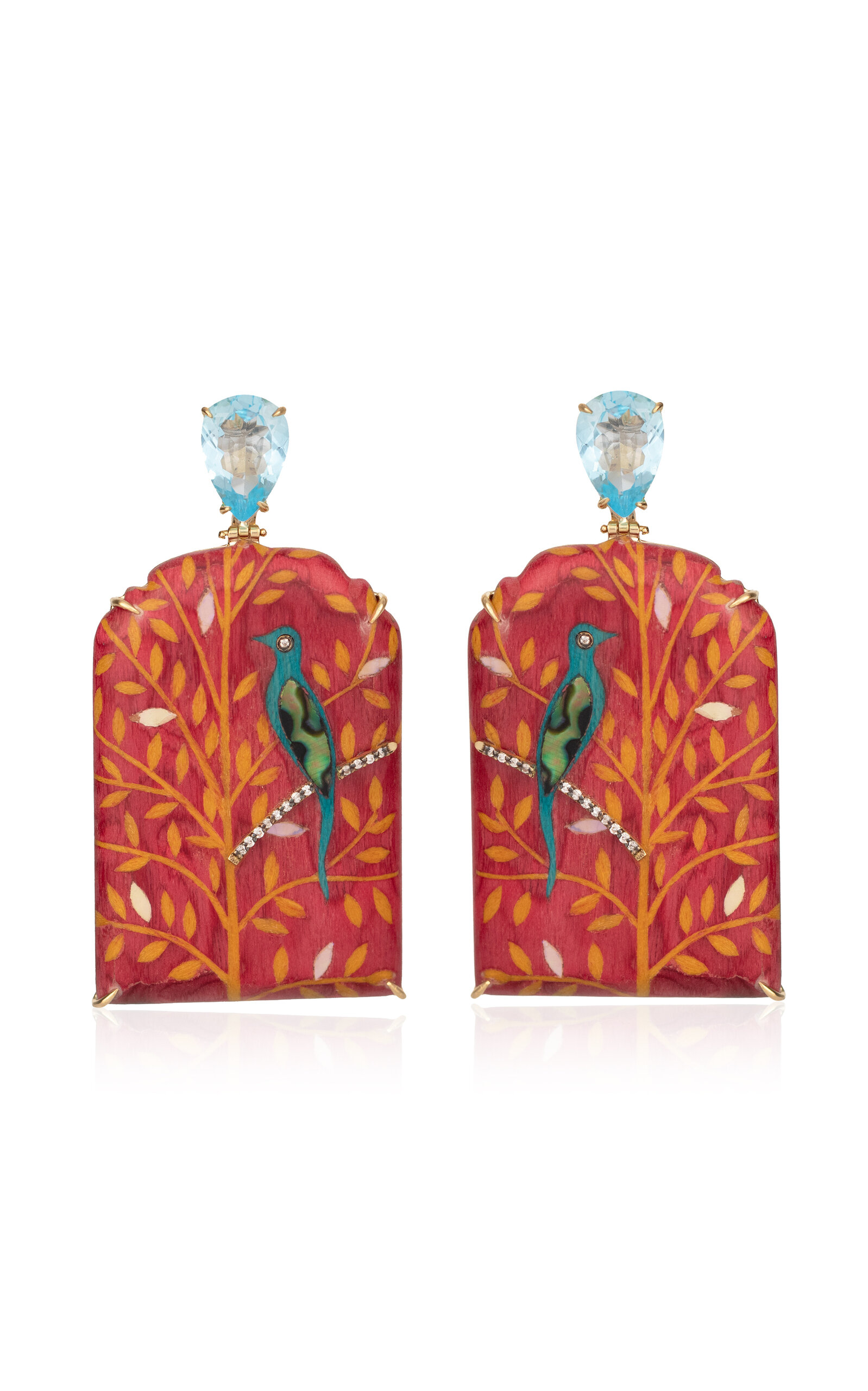 18k Yellow Gold Bird Marquetry Earrings