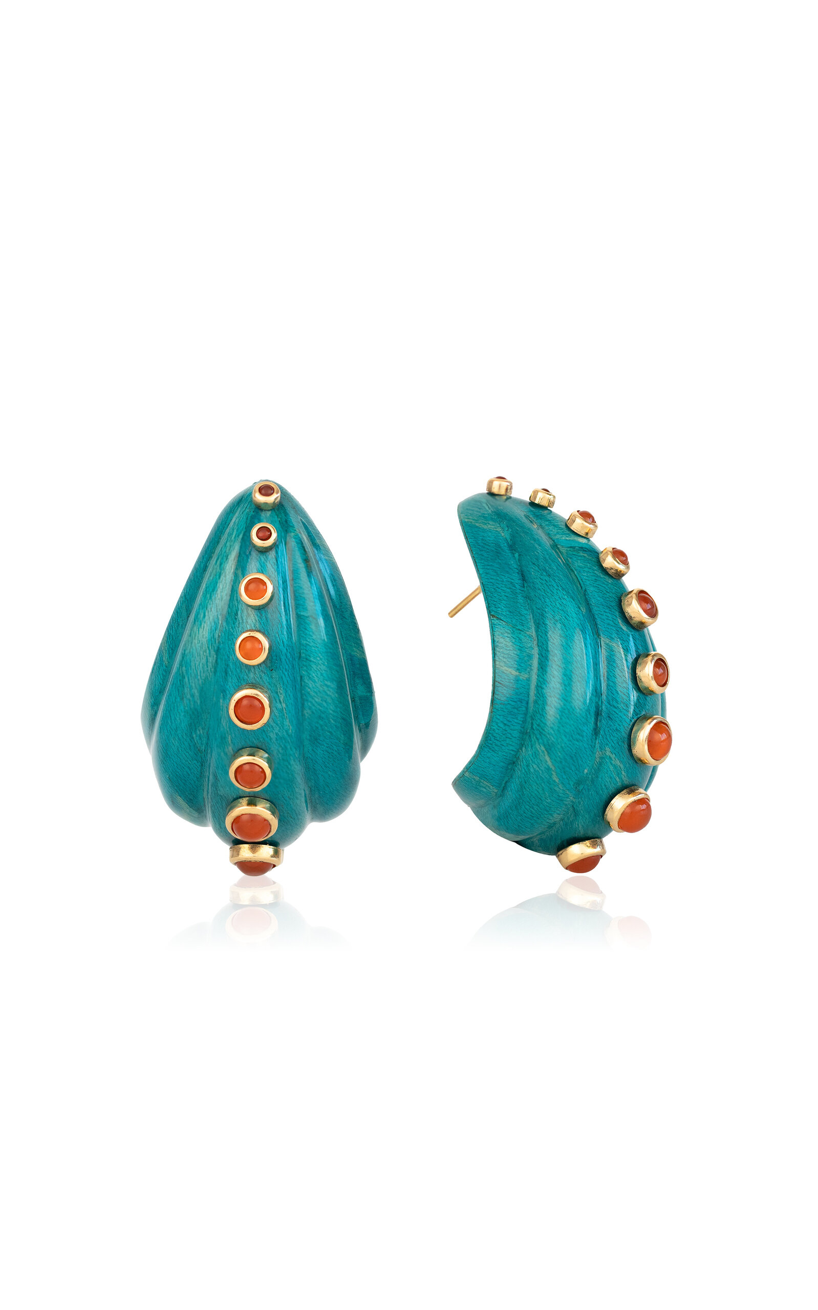 18k Yellow Gold Half-Hoop Blue Turquoise Marquetry Earrings