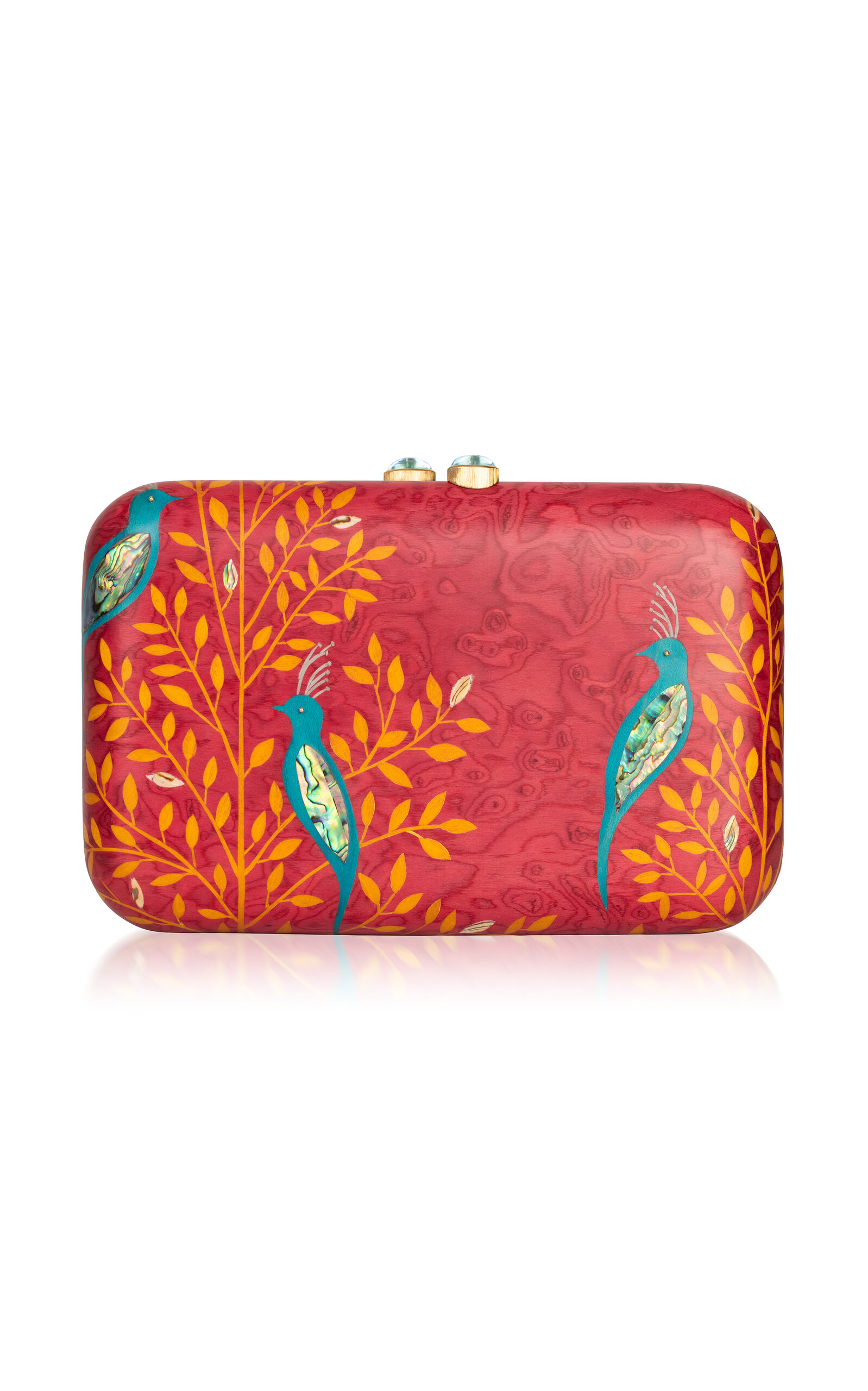 18k Yellow Gold Bird Marquetry Clutch with Abalone anf Sky Topaz