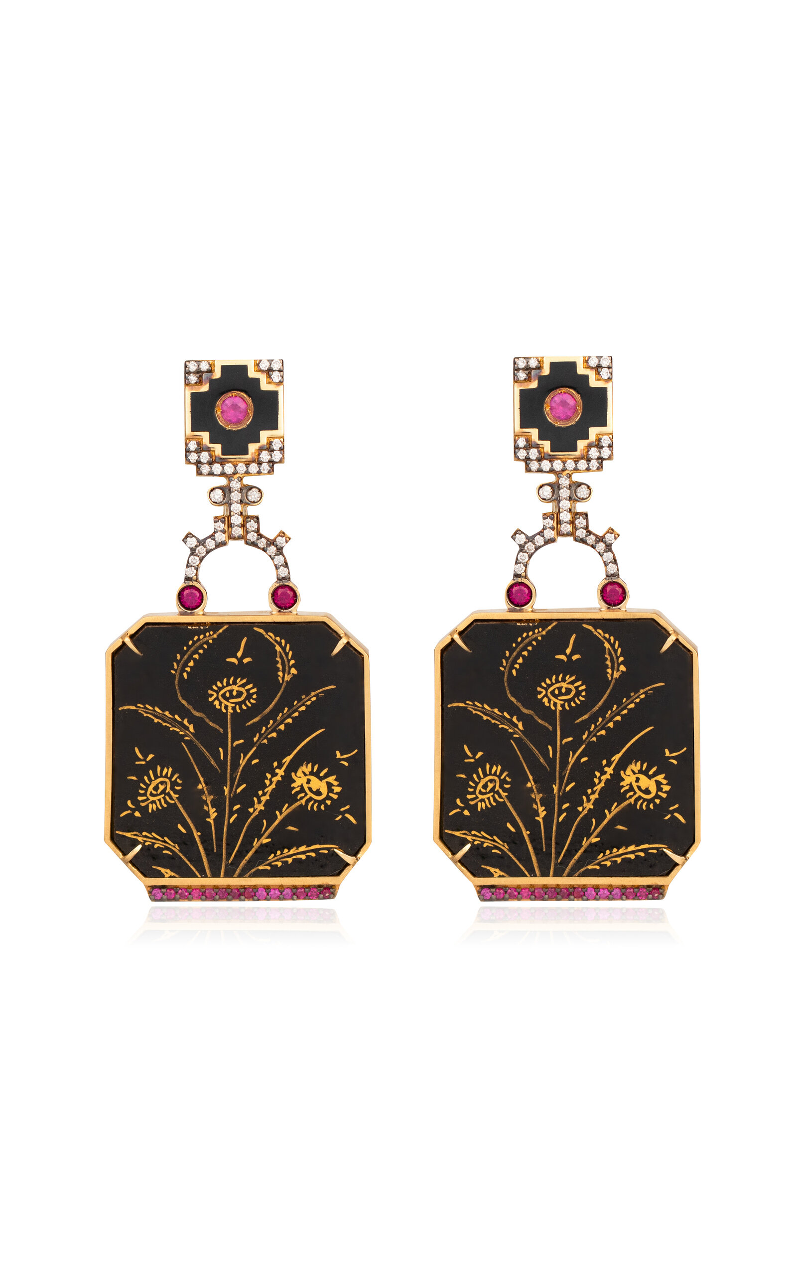 18k Yellow Gold Papier MÃ¢chÃ© Earrings with Diamond and Rubies