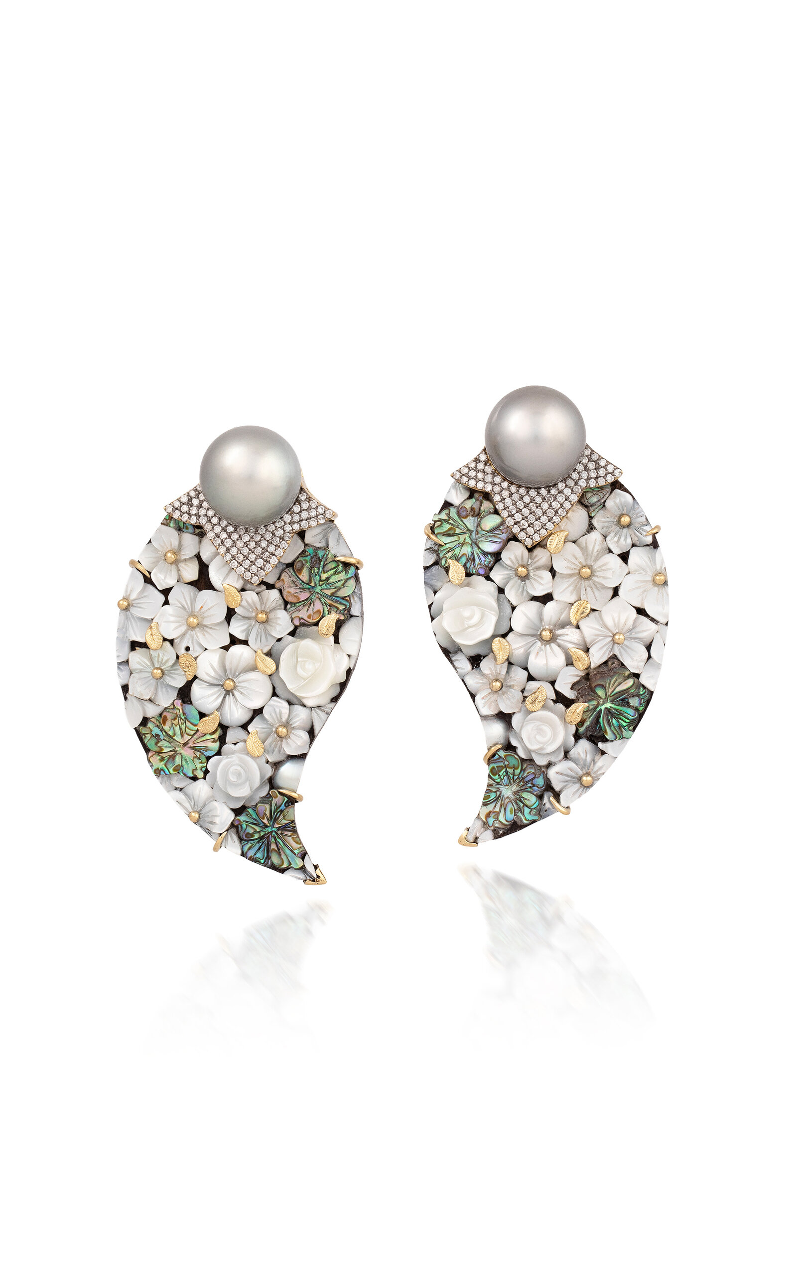 18k Yellow Gold Teardrop Shibayama Mother of Pearl Earrings